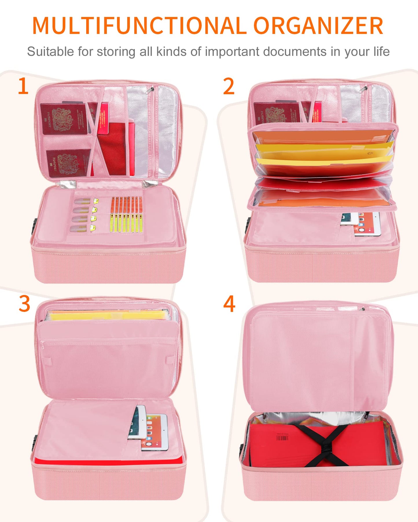 Noiposi Document Organizer with 5200℉ Heat Insulated,16.1"x11.4"x4.3" Waterproof and Fireproof Document Box,Portable Home Travel Safe Storage Box for Important Documents and File,Pink