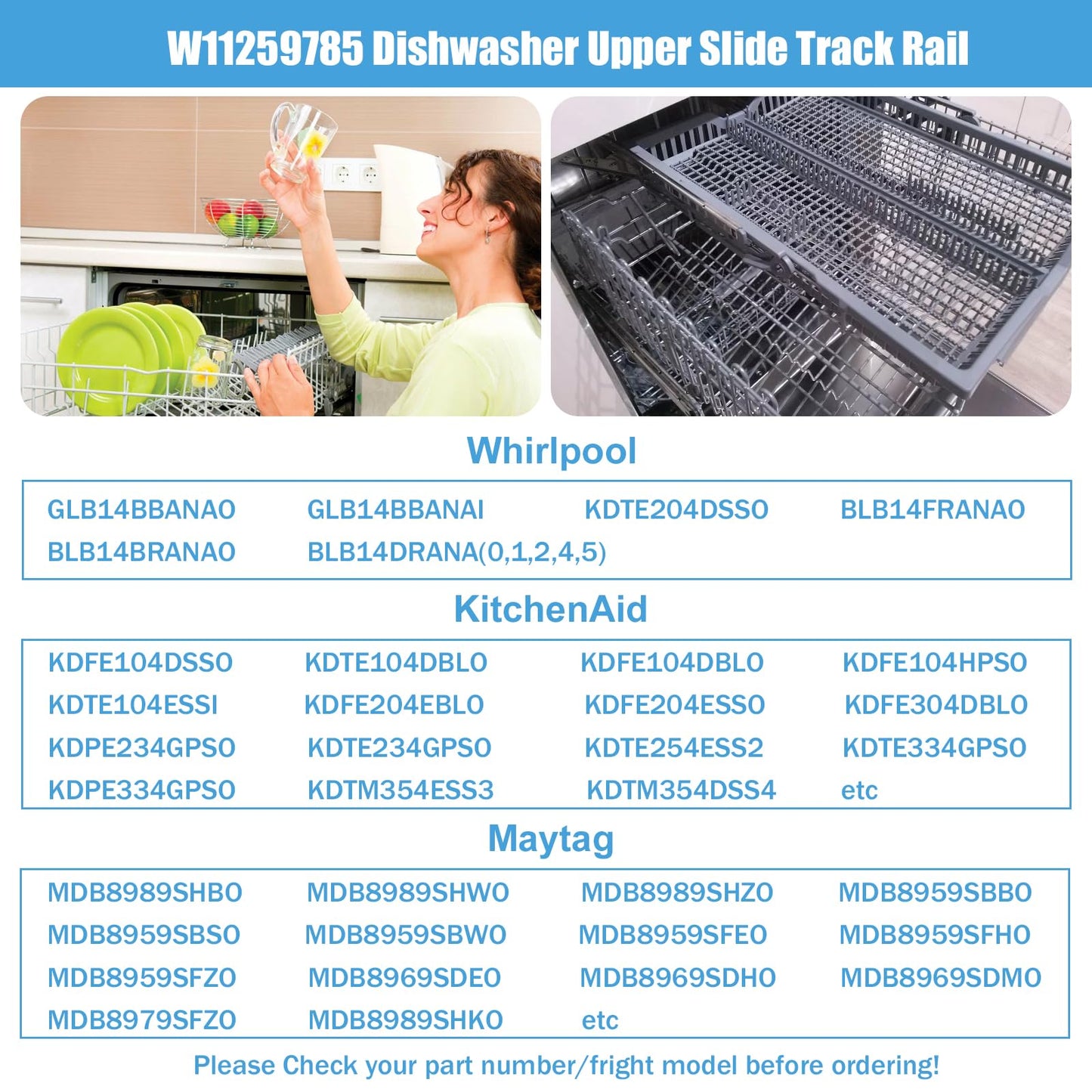 W11259785 Dishwasher Upper Dishrack Slide Track (Left Side) – Heavy Duty Stainless Steel Rail Compatible with Whirlpool KitchenAid Maytag Jenn-Air – Replaces W10311157 W11048934 AP6783992 WPW10546503