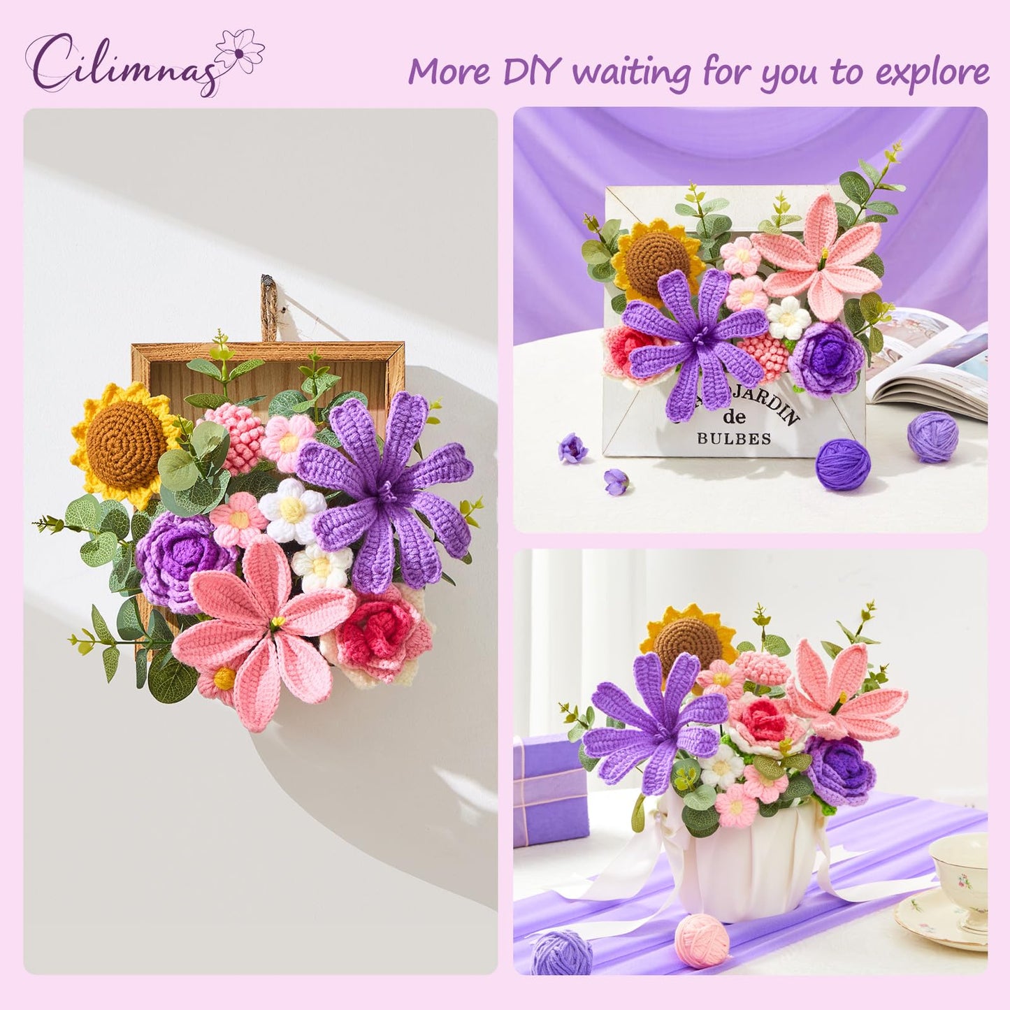Cilimnas Crochet Flower Bouquet,Pink&Purple Knitted Flowers, Handmade Lily Sunflowers Roses Bouquet for Birthday Anniversary Party Mother's Day Graduation Gifts
