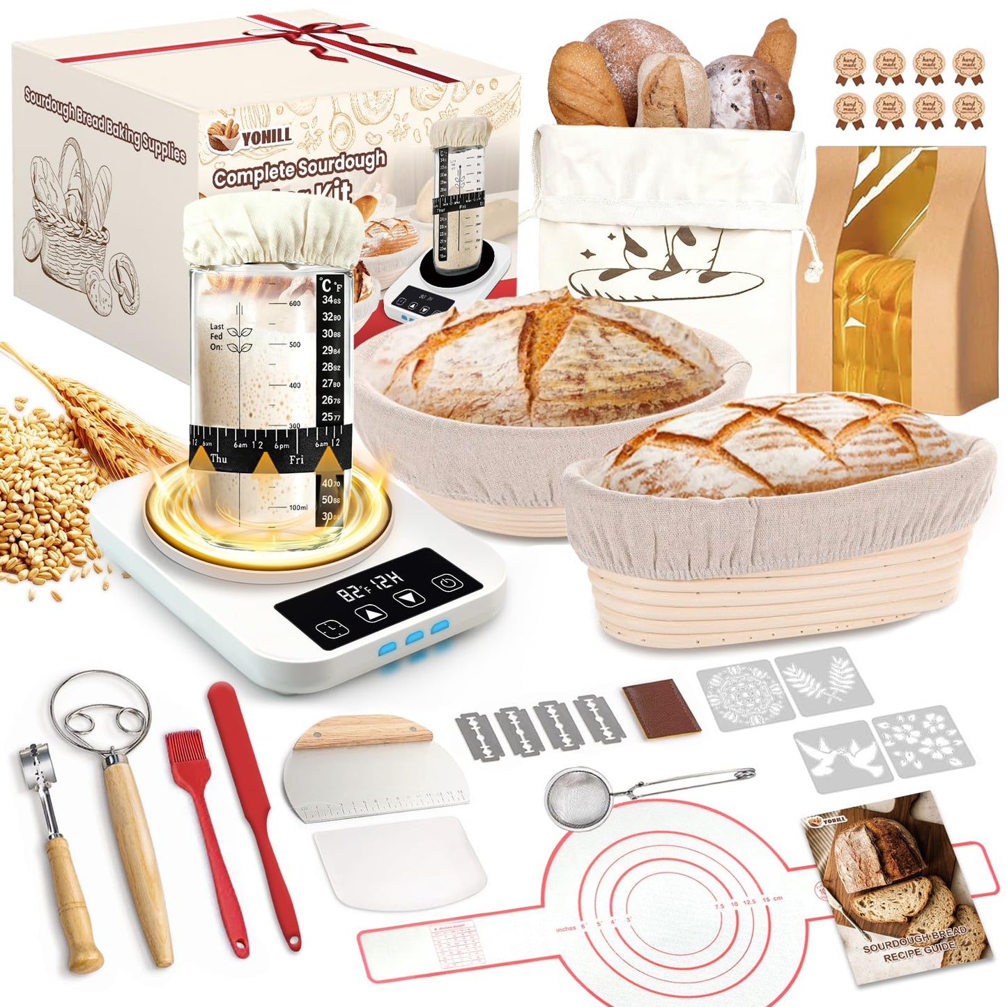 Sourdough Starter Kit with Warmer, Glass Jar and Banneton Bread Proofing Basket - Complete Sourdough Bread Baking Supplies, Sour Dough Making Essentials Tools, Gift for Bakers Beiginner Women Wife Mom