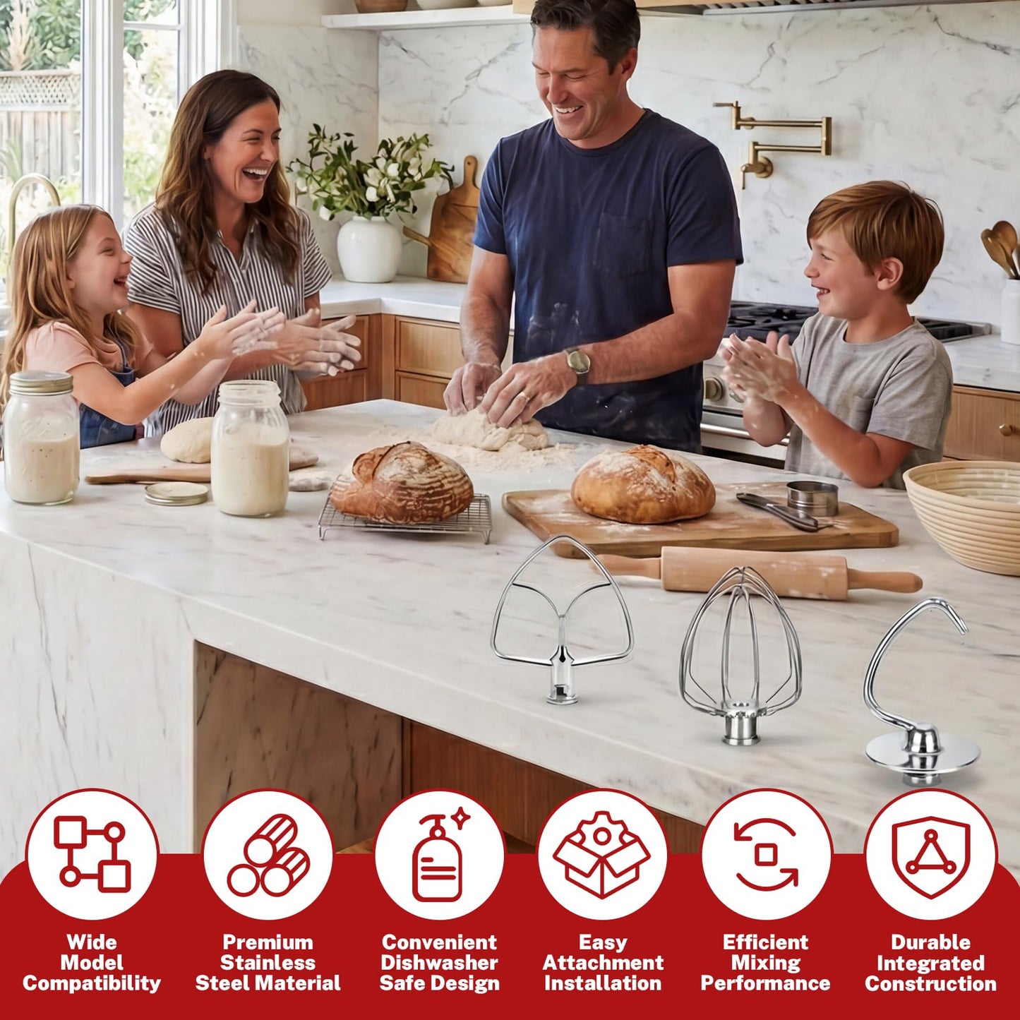 Stainless Steel Attachments 3 Piece Set for KitchenAid 4.5-5 Quart Tilt Head Stand Mixer, Includes K45B Flat Beater, K45DH Dough Hook and K45WW Wire Whip, Dishwasher Safe and Heavy Duty