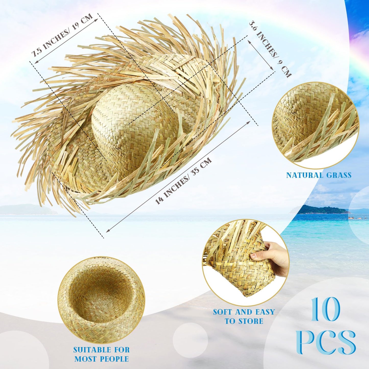 Hercicy 10 Pcs Adult Hawaiian Luau Straw Hats Pava Hat Puerto Rico Beachcomber Hats for Party Costumes Accessories Decor(Khaki)
