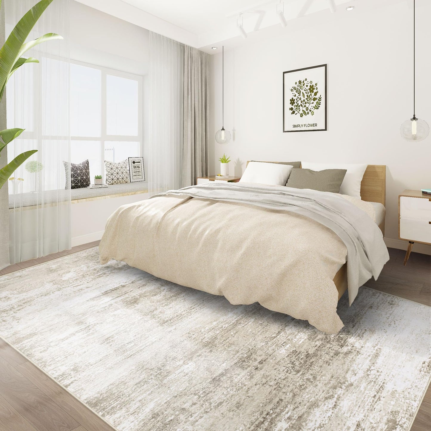 Washable Rug 6x9 Area Rugs for Living Room: Neutral Soft Rug Abstract Non Slip Low Pile Modern Carpet for Bedroom Kitchen Nursery Office Dining Room Indoor (Beige, 6'x9')