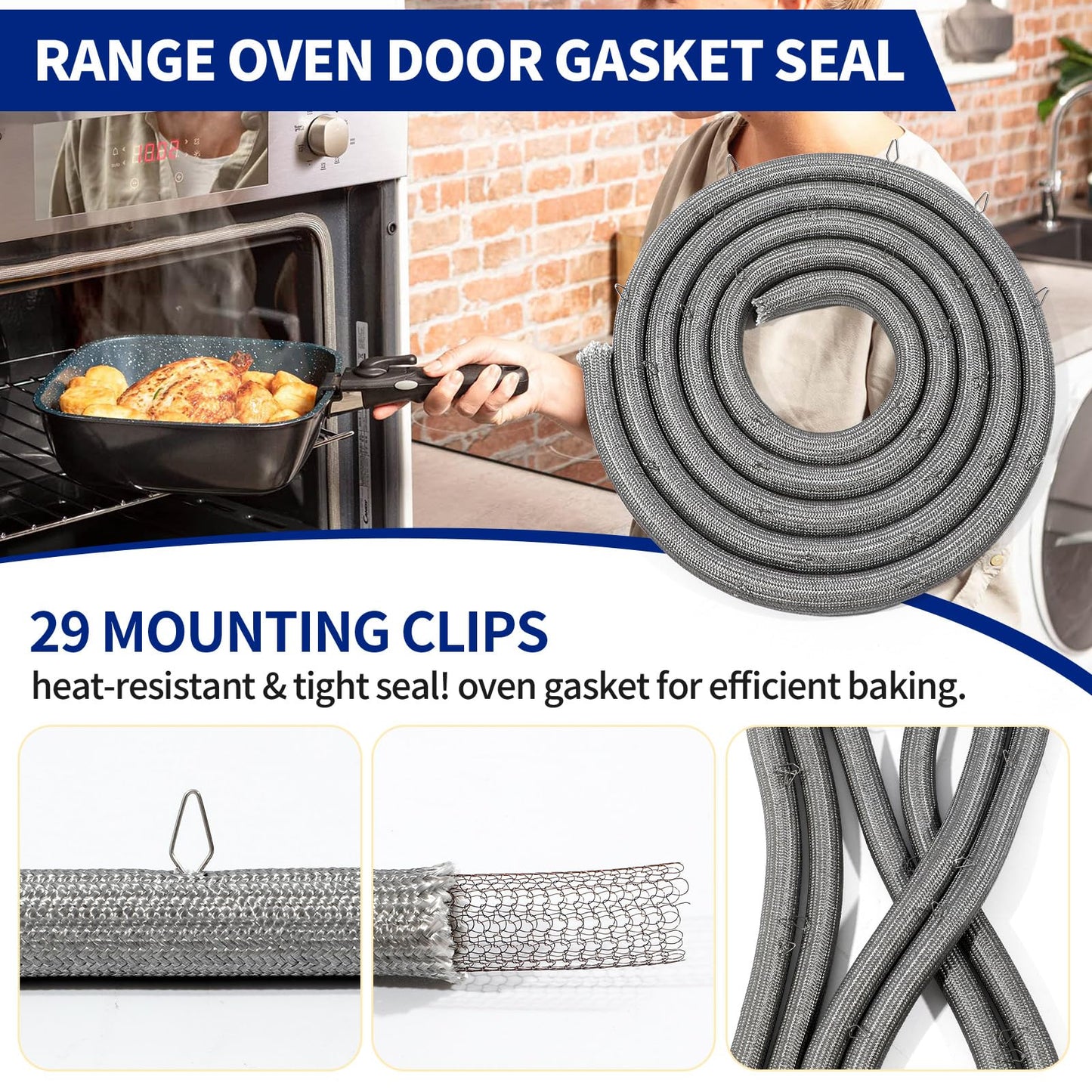 Upgraded 00491569 Range Oven Door Seal Gasket (29 Mounting Clips) Compatible with Bosch Thermador etc Ovens, Replaceable 1052639 AP3689443 PS8722513 EAP8722513 etc Model, 1-Year Warranty, OEM
