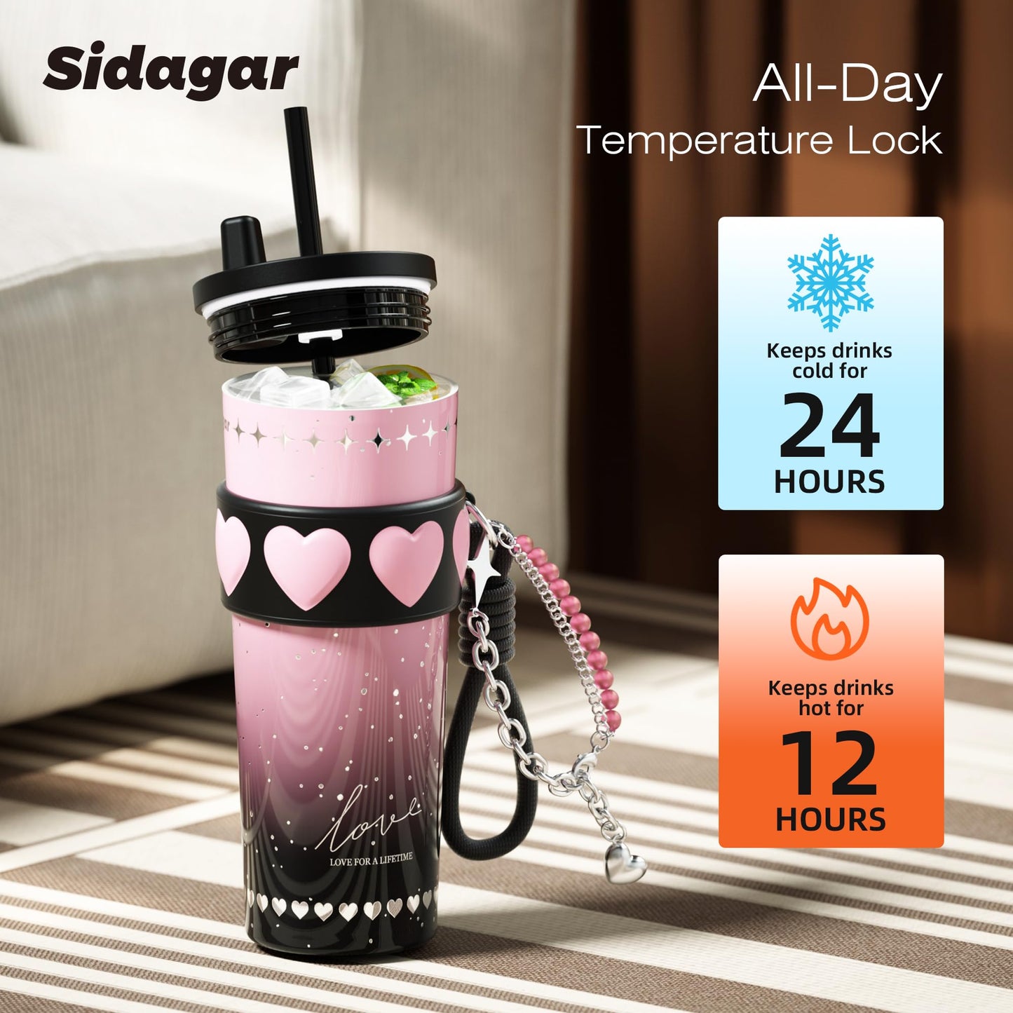Sidagar 24 oz Stainless Steel Tumbler with Lid and Straw, Insulated Coffee Mug, Leak Proof, Portable Iced Travel Water Bottle, Reusable Thermal Coffee Cup Gift for Women, Pink