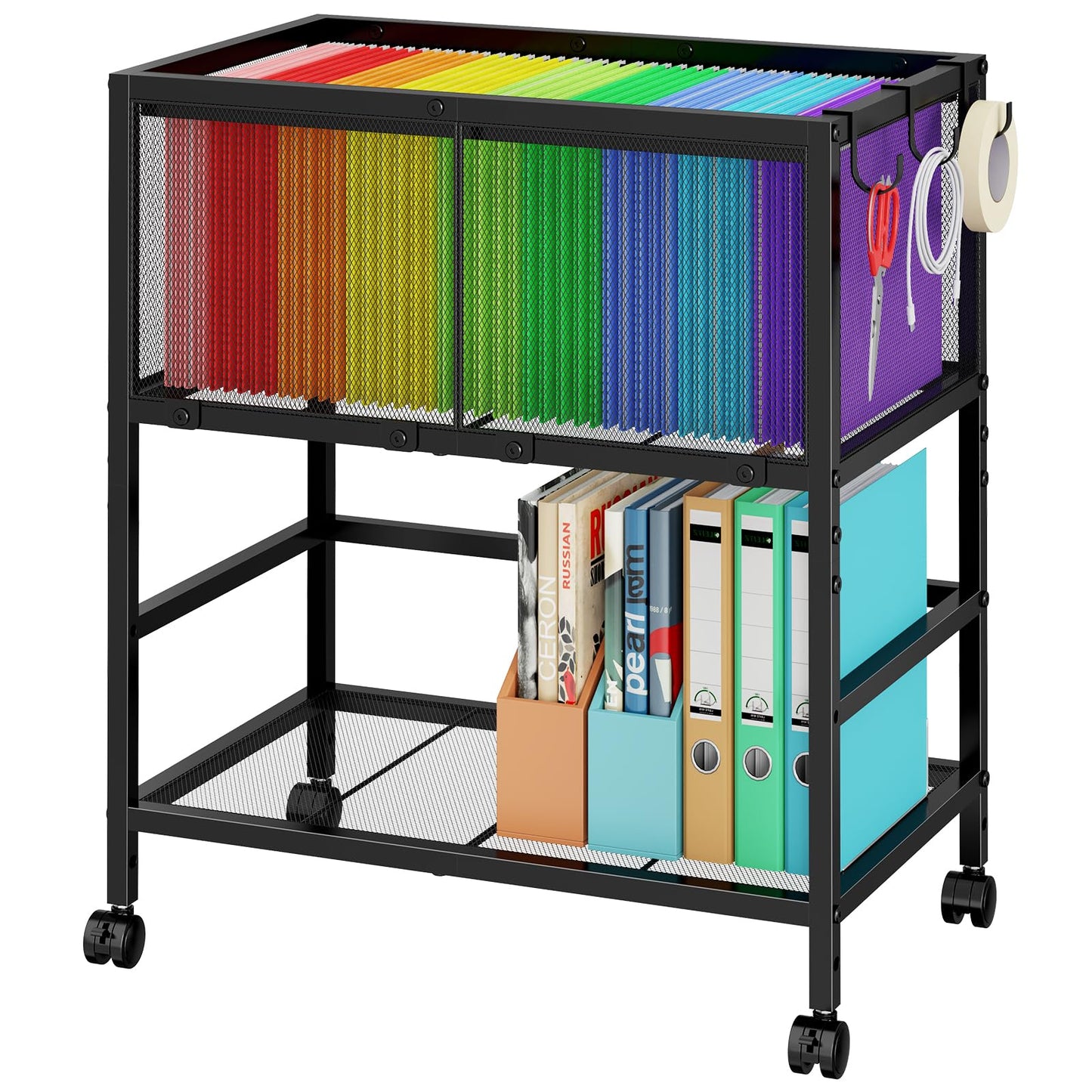 Rolling File Cart for Letter Size, Metal Hanging File Organizer with Storage Shelf, 2-Tier Mobile File Cabinet with 360° Wheels & Hooks, Under Desk Filing Cabinets for Home Office, Black