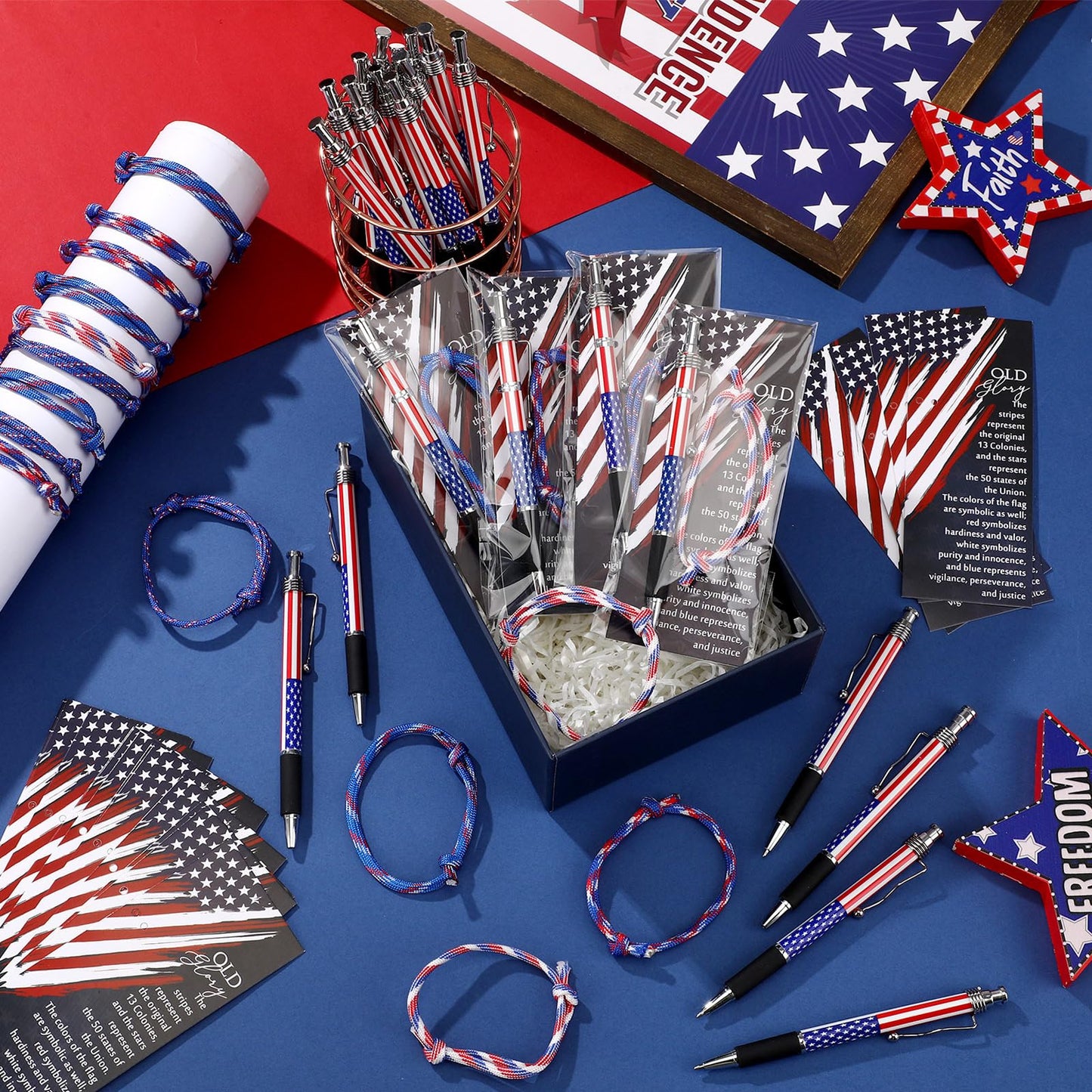 Sayglossy 180 Pcs Memorial Day 250th Anniversary Ballpoint Pen Rope Bracelets and Star Stripe Bookmarks Military Appreciation for Army Veterans Patriotic Party Independence Day Accessories (Old Glory)