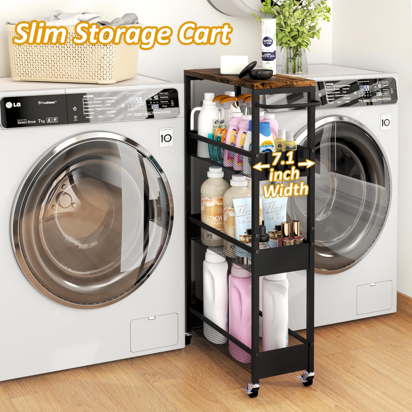 7.1" Wide Slim Rolling Utility Cart, 4 Tier Metal Narrow Storage Cart with Handle and Wood Top, Multifunctional Small Mobile Shelf Unit Organizer Trolley for Laundry, Bathroom, Kitchen