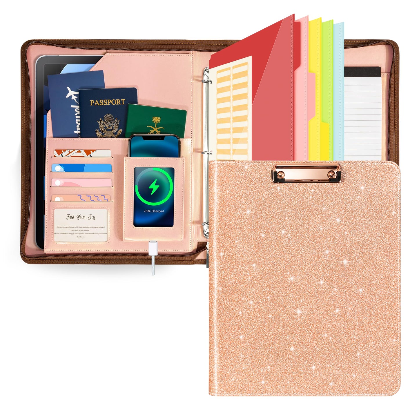 Leather Clipboard with Storage, Zippered Padfolio Portfolio Organizer, 3 Ring Binder 1 Inch, Notepad, Tablet Sleeve, 5 Dividers with Pocket, Stickets for Office, Nurses, Students, Teachers Rose Gold