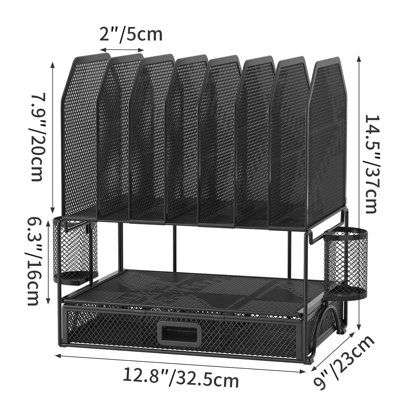 FANXIYQ Metal Desk Organizer with Adjustable Compartments, Black Office Desk Accessories for Home & Work, 7-Section Desktop File Folder Storage, Hanging Pen Holder, Bill Organizer for Desk