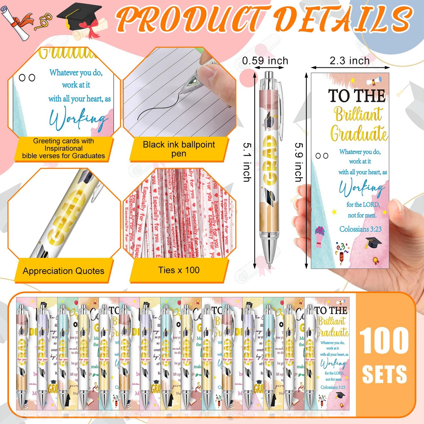 Sayglossy 100 Sets Religious Graduation Gifts Bulk Include Christian Congrats Grad Ballpoint Pens Motivational Bible Verse Bookmark Greeting Card for 2026 Graduation Party Favors Teacher Graduate