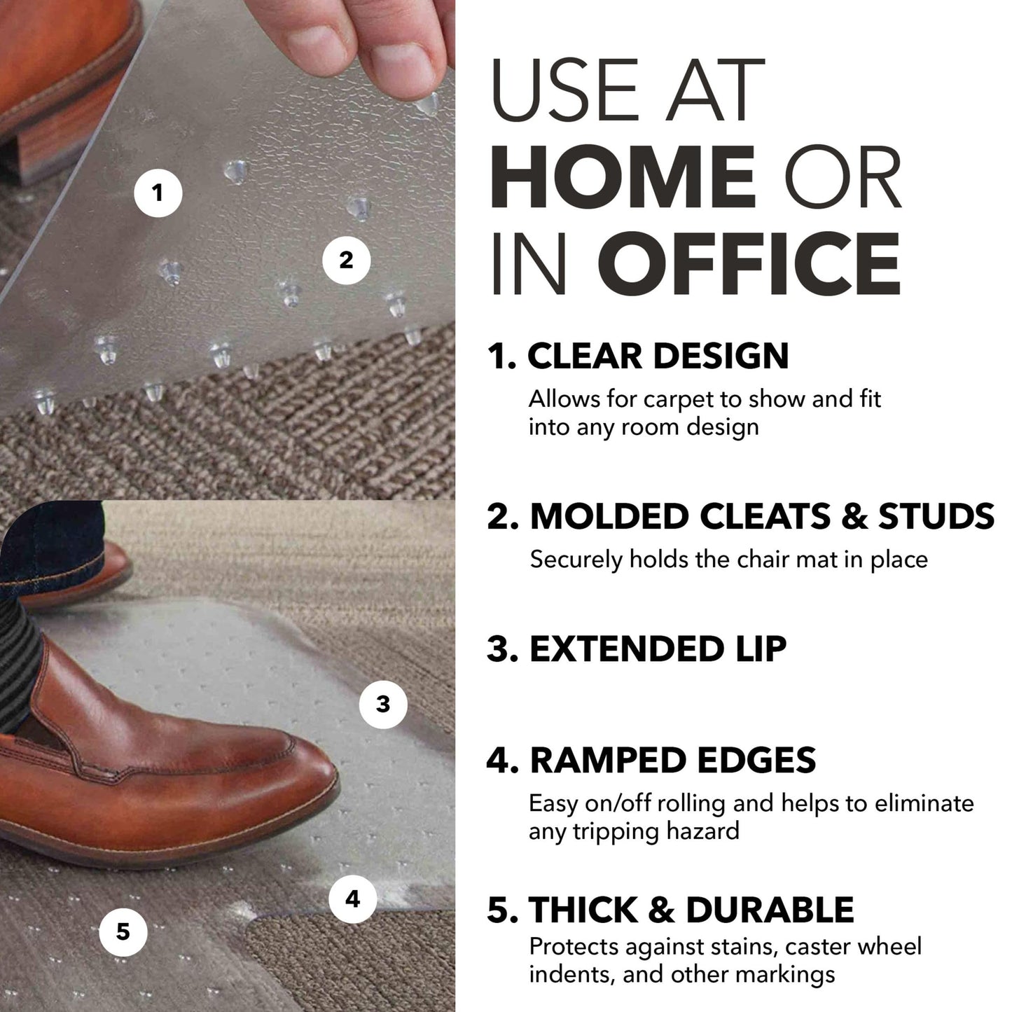 HON Office Chair Mat for Carpet, Clear Desk Mat with Extended Lip for Rolling Computer Chairs, Heavy Duty Vinyl Floor Protector for Low Pile Carpet, 36 x 48 in, Clear