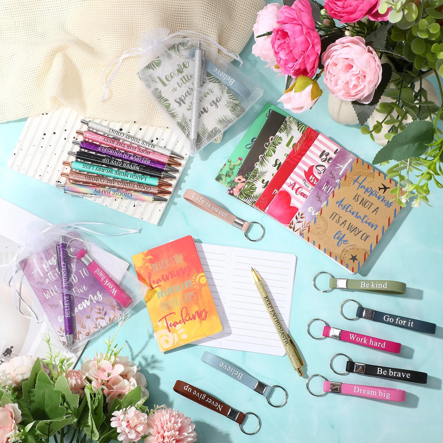 Pajean 128 Pcs Inspirational Gifts Bulk Motivational Notebooks Journal Ballpoint Pens Positive Keychains Organza Bags for Students Teachers Employee School Office Prizes Favors Supplies (Stylish)