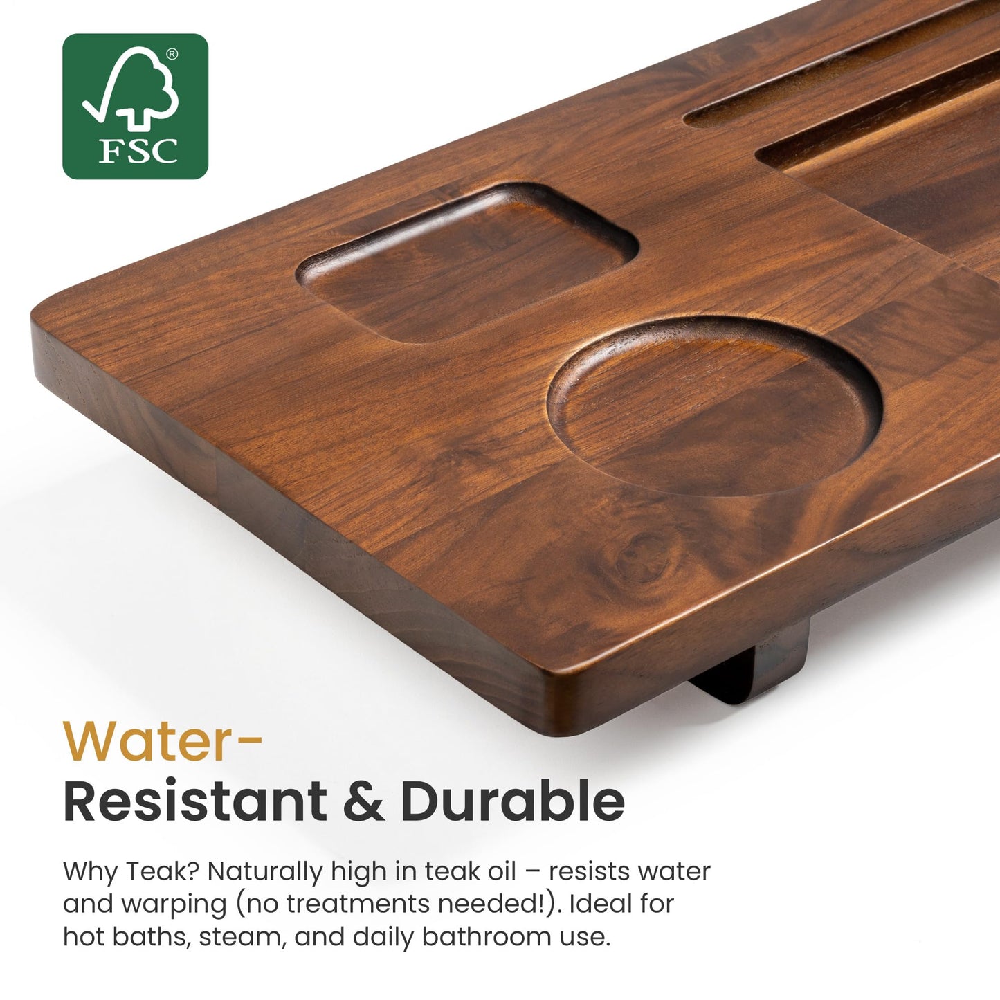 Realgulf Teak Bathtub Tray for Freestanding Tubs - 35" Heavy-Duty Luxury Bath Caddy, Non-Slip Zero-Wobble Design, Water-Resistant Spa Organizer with Wine Glass & Phone Holder