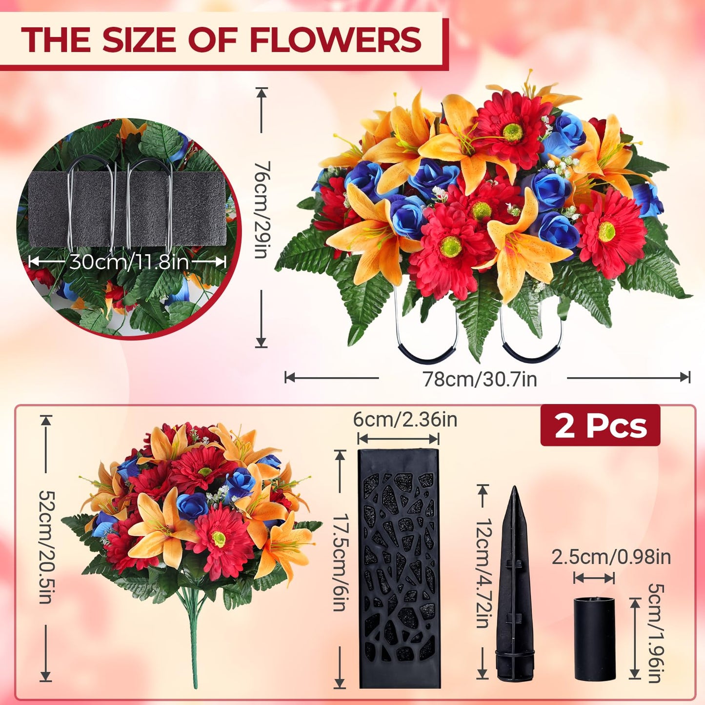 jabeick 3 PCS Artificial Cemetery Flower Saddles, Cemetery Memorial Flowers with Vase for Outdoor Grave Tombstone Decorations, Lily Rose Gerbera Headstone Flowers Saddle