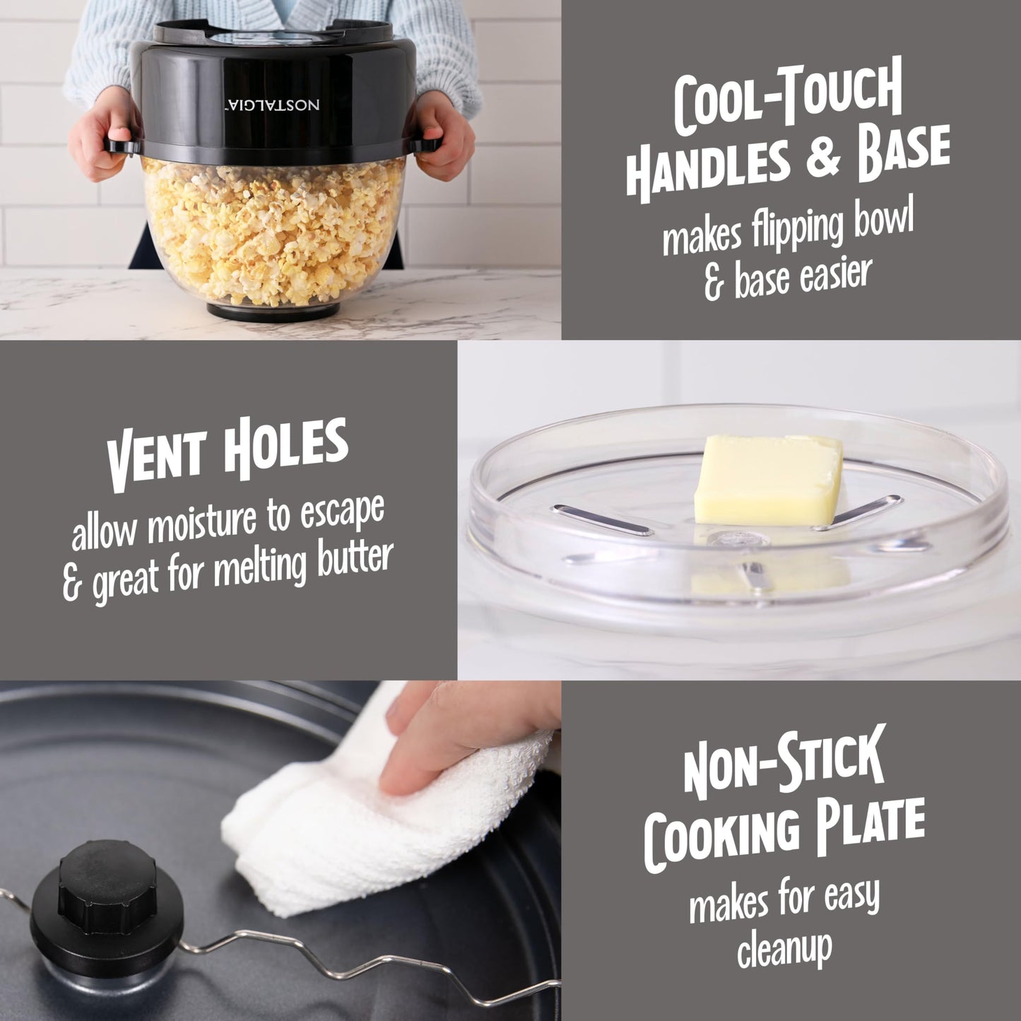 Nostalgia Classic Electric Stirring Popcorn Maker, Makes 8 Cups, Large Lid Doubles as Serving Bowl, Quick Heat Technology, for Kettle Corn and Roasted Nuts, Black