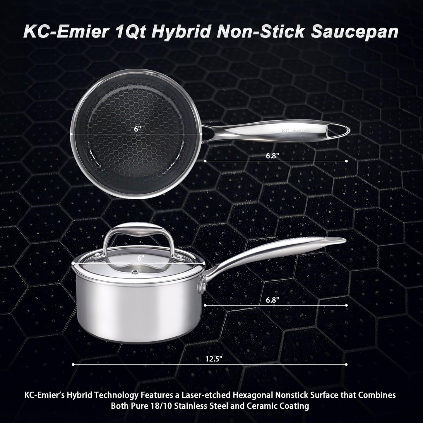 KC-Emier 1-Quart Nonstick Saucepan with Lid, Tri-Ply Stainless Steel Pot with Stay-Cool Handle & All Cooktop Compatibility (Gas, Ceramic, Electric) - Non-Stick