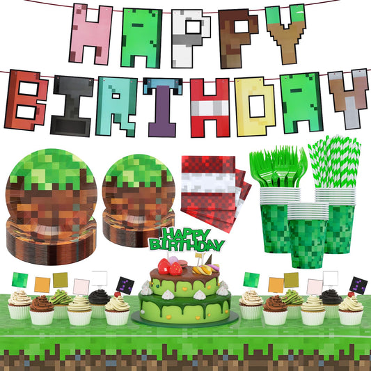 183Pcs Pixel Birthday Party Decorations, Pixel Game Theme Party Supplies Kit, Including Banner, Tablecloth,Hanging Swirls, Plates, Napkins, Cups, Forks, Cake Toppers, Drinking Straws, Serves 24 Guests