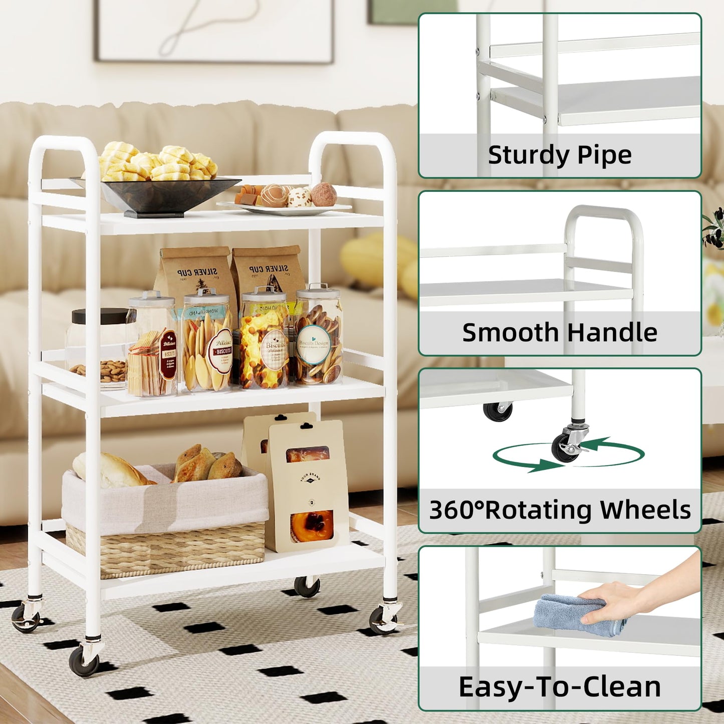 DCLRN 3 Tier Rolling Cart,Storage Organizer Cart,Multifunctional Storage Shelves,Rolling Metal Organization Cart with Handle and Lockable Wheels,for Home,Office,Kitchen,Bathroom(White)