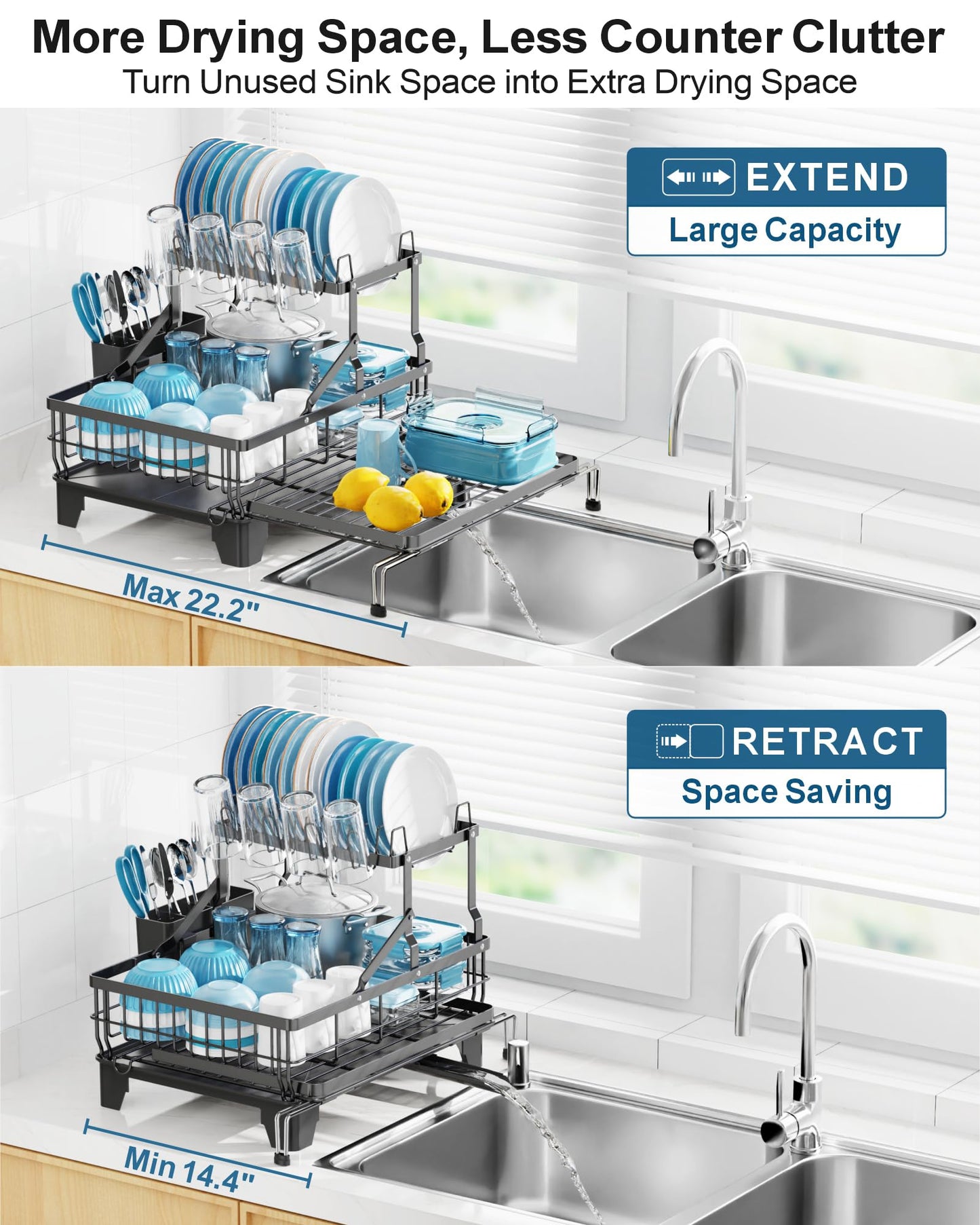 GSlife Large 2 Tier Dish Drying Rack, Expandable Multifunctional Dish Rack for Kitchen Counter, Rust-Resistant Dish Drainer with Utensil & Cup Holder, Auto-Drain, 16.9" W x 14.4"-22.4" L, Black