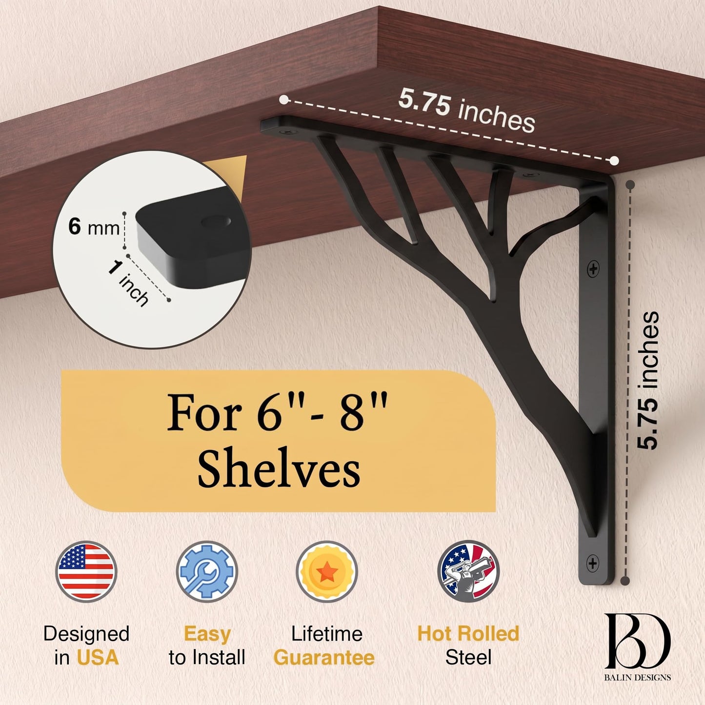 Rustic Tree Black Heavy Duty Shelf Brackets 6 inch by Balin Designs, Decorative L Brackets, Iron Metal Floating Shelf Bracket, Wall Mount Shelving Bracket, Included Hardware, Set of 4