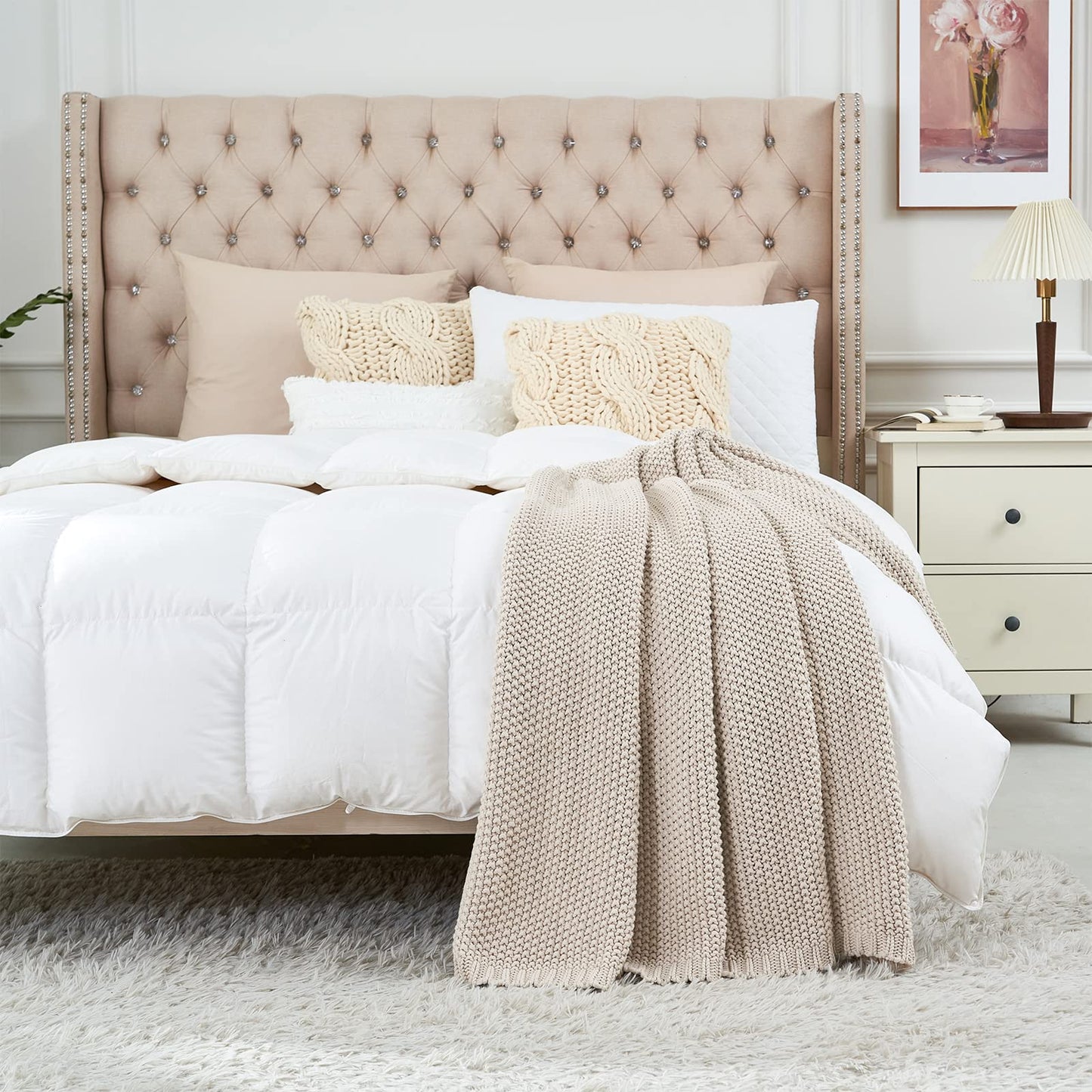 Chunky Cable Knit Throw Blanket Lightweight Beige 100% Organic Cotton Blanket for Sofa Couch Bed Baby Nursery, Rustic Shabby Chic Modern Farmhouse, 60” x 80”