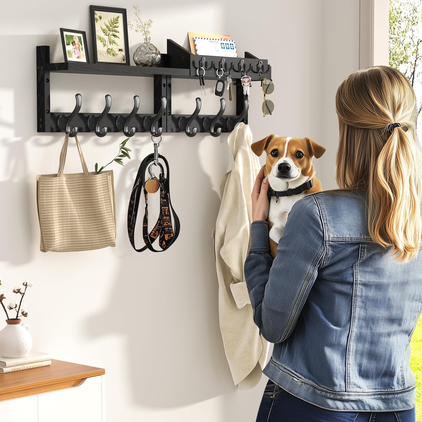 Evermagin 29" Coat Rack Wall Mount with Shelf, 4 in 1 Wall Mounted Coat and Key Hanger with 11 Hooks, Entryway Key Holder with Mail Holder for Living Room, Bedroom, Black