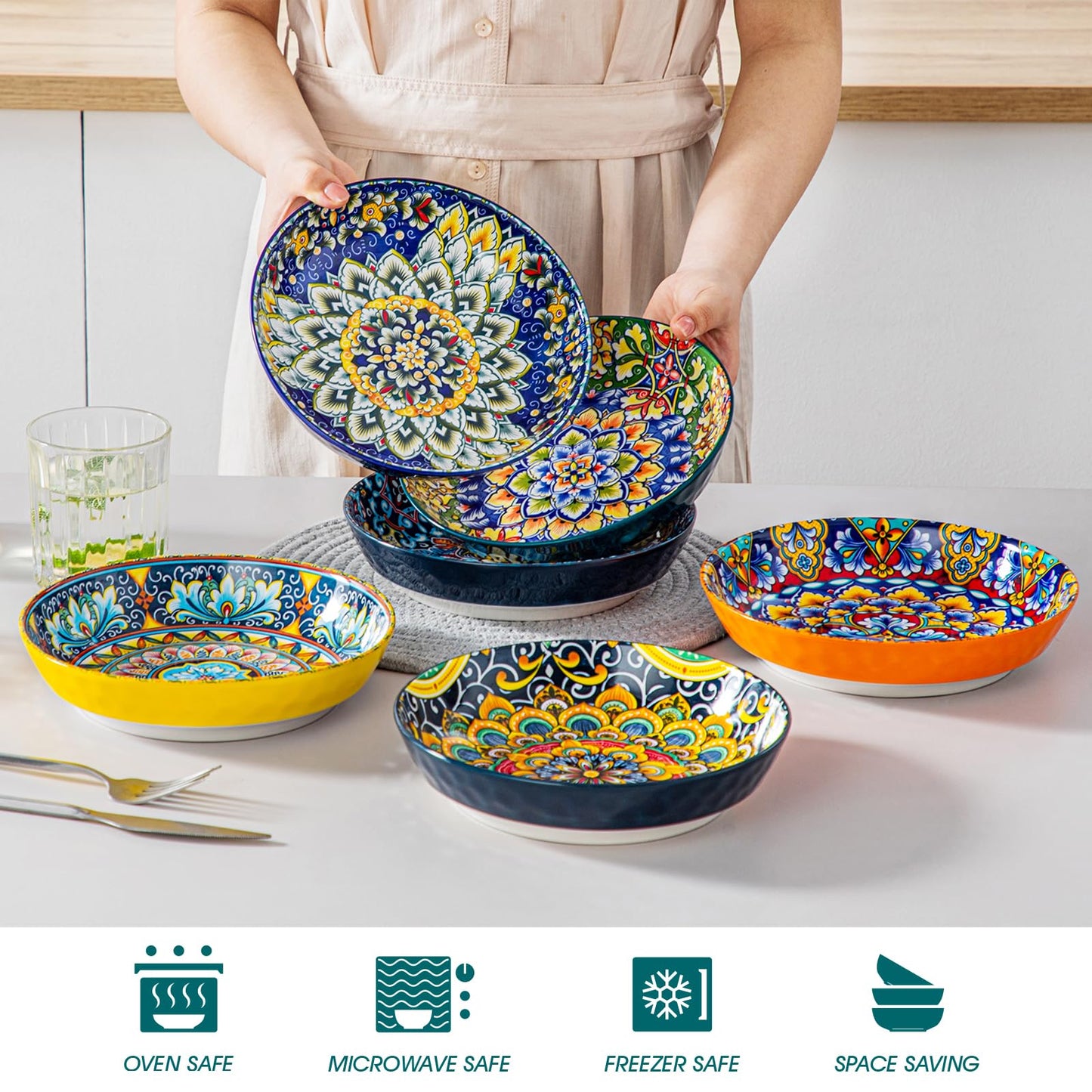 vancasso 32 Oz Pasta Bowls Sets of 6, Ceramic Large Colorful Salad Serving Bowls for Kitchen, Dishwasher & Microwave Safe, Soup Pasta Plates