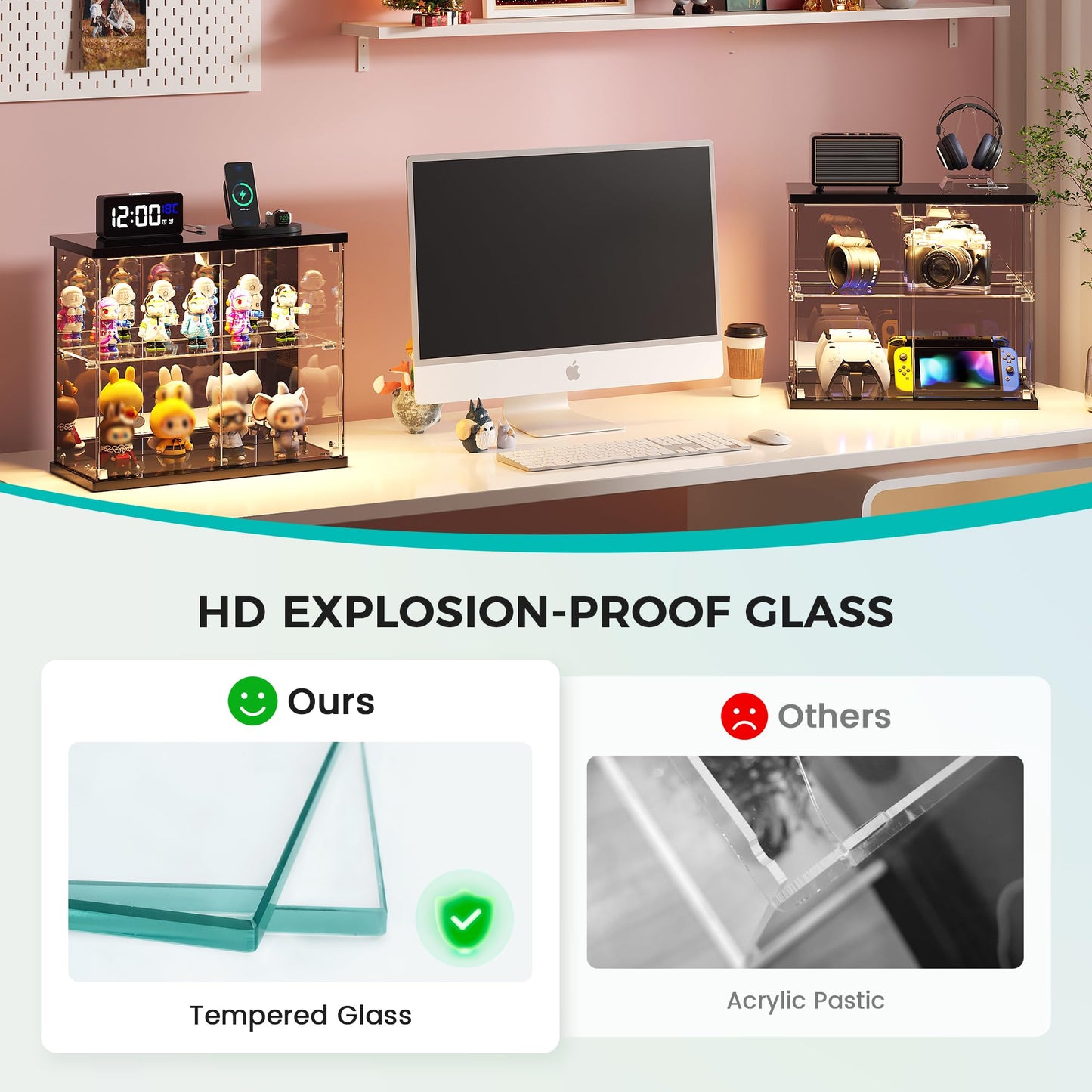 Dystler Lighted Clear Glass Display Case - for Figures & Collectibles, Small 2-Tier Display Cabinet with Charging Station, LED Display Box with Lights & Human Sensor, for Model Car, Perfume, Black