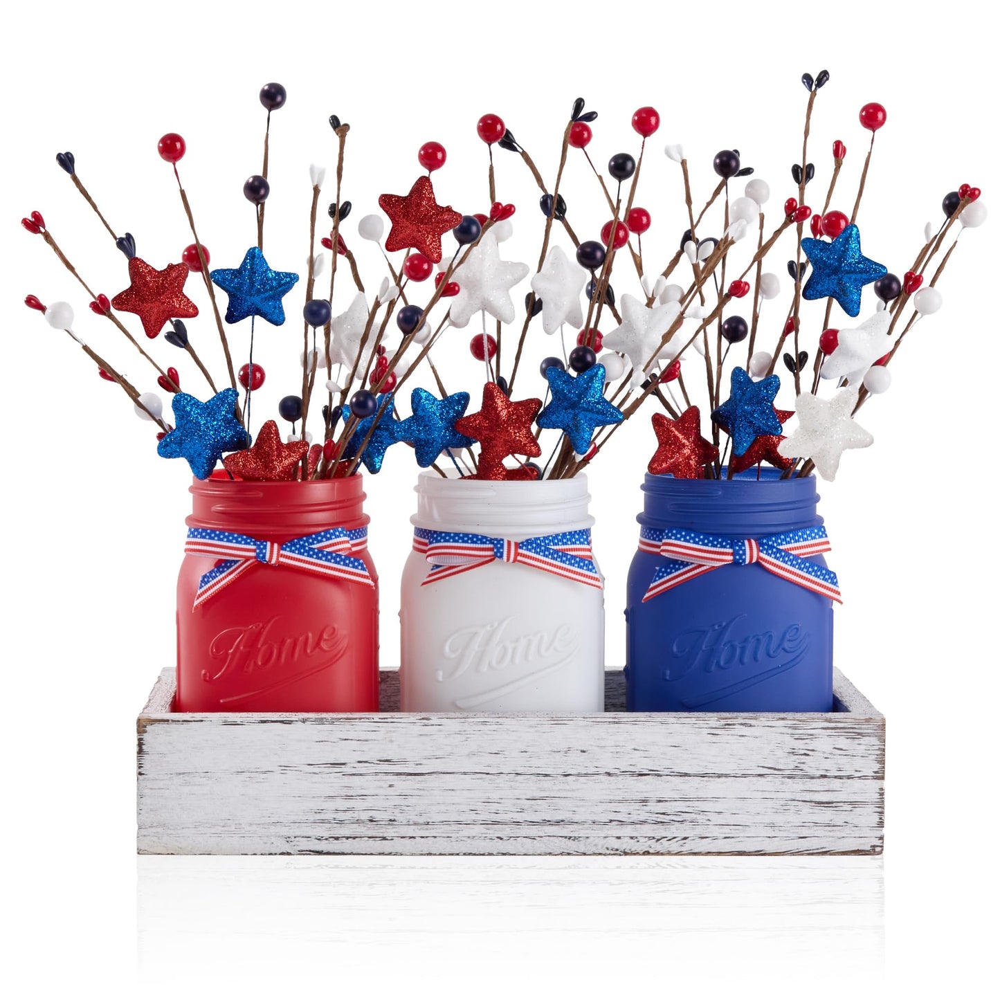 KIVIVO 4th of July Table Decorations, Mason Jar Memorial Day Decor with Artificial Picks, Fourth of July Patriotic Table Centerpieces, 10 Pcs Red White and Blue Independence Day Decorations for Home