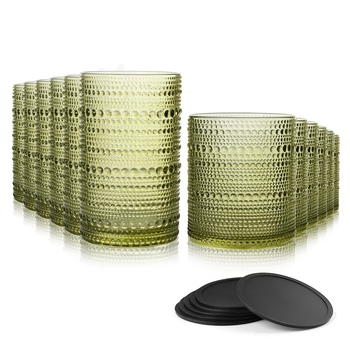 DmmyAlzx Hobnail Drinking Glasses Set of 12 Count, Vintage Glassware, Old Fashioned Glasses, 6 Highball Bubble Drinking Cups 14.5 oz, 6 Rocks Cups 10 oz with 6 Silicone Coasters, Green