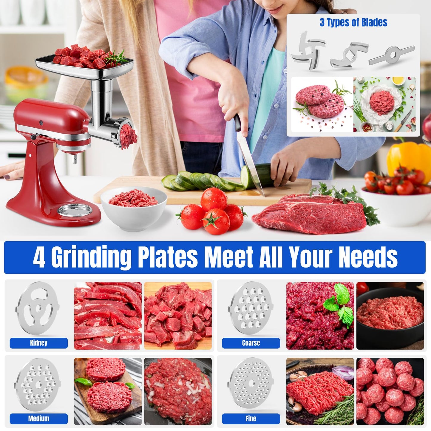 Metal Food Grinder Attachments for KitchenAid Stand Mixers, Meat Grinder, Sausage Stuffer, Perfect Mixer Attachment for KitchenAid Mixers, 15pcs Meat Grinder Accessories Set, Silver