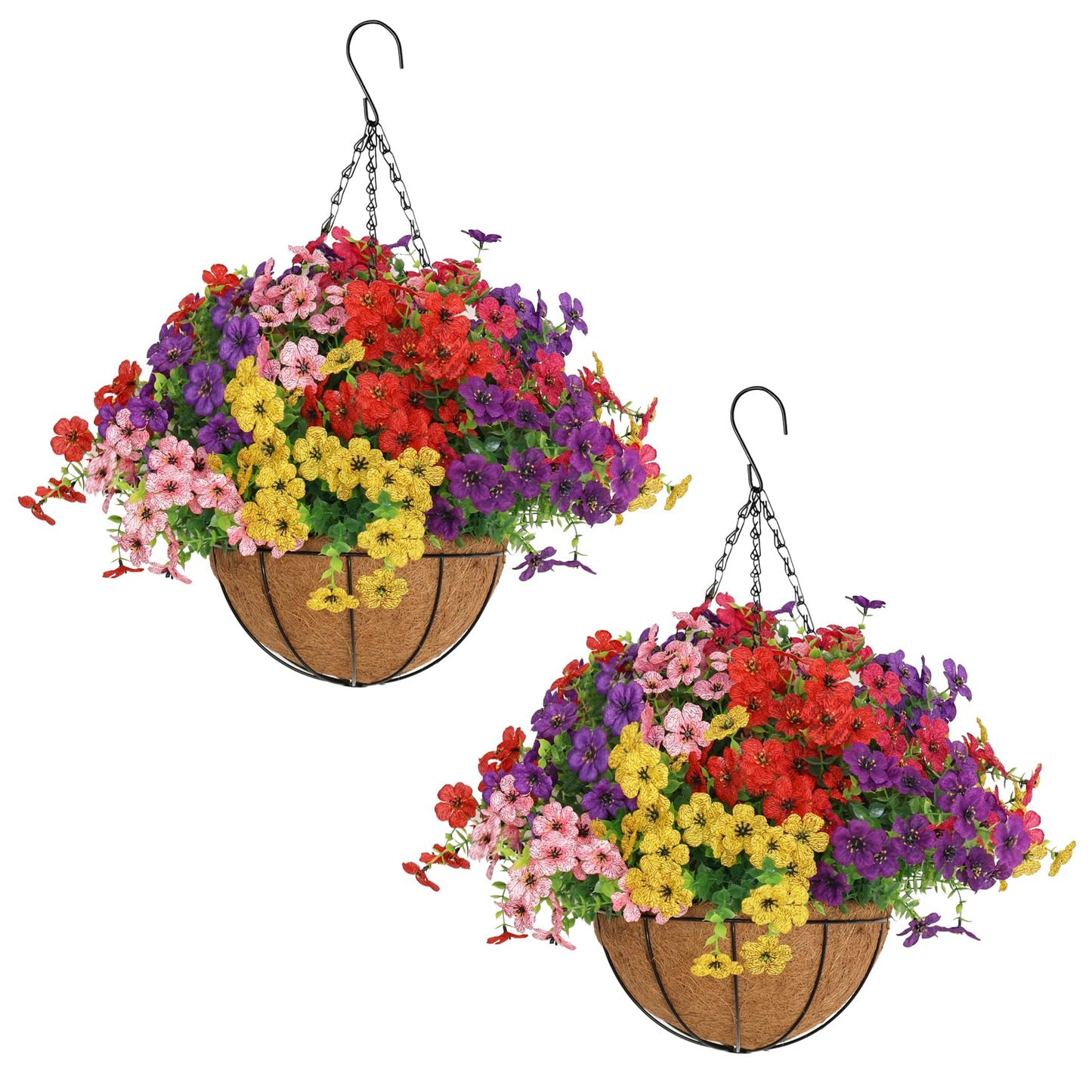 Senjie 2 Set Artificial Hanging Flowers with Basket for Outdoor Decor, UV Resistant 24 Bundles Faux Flowers Fake Hanging Planter for Porch Patio Balcony