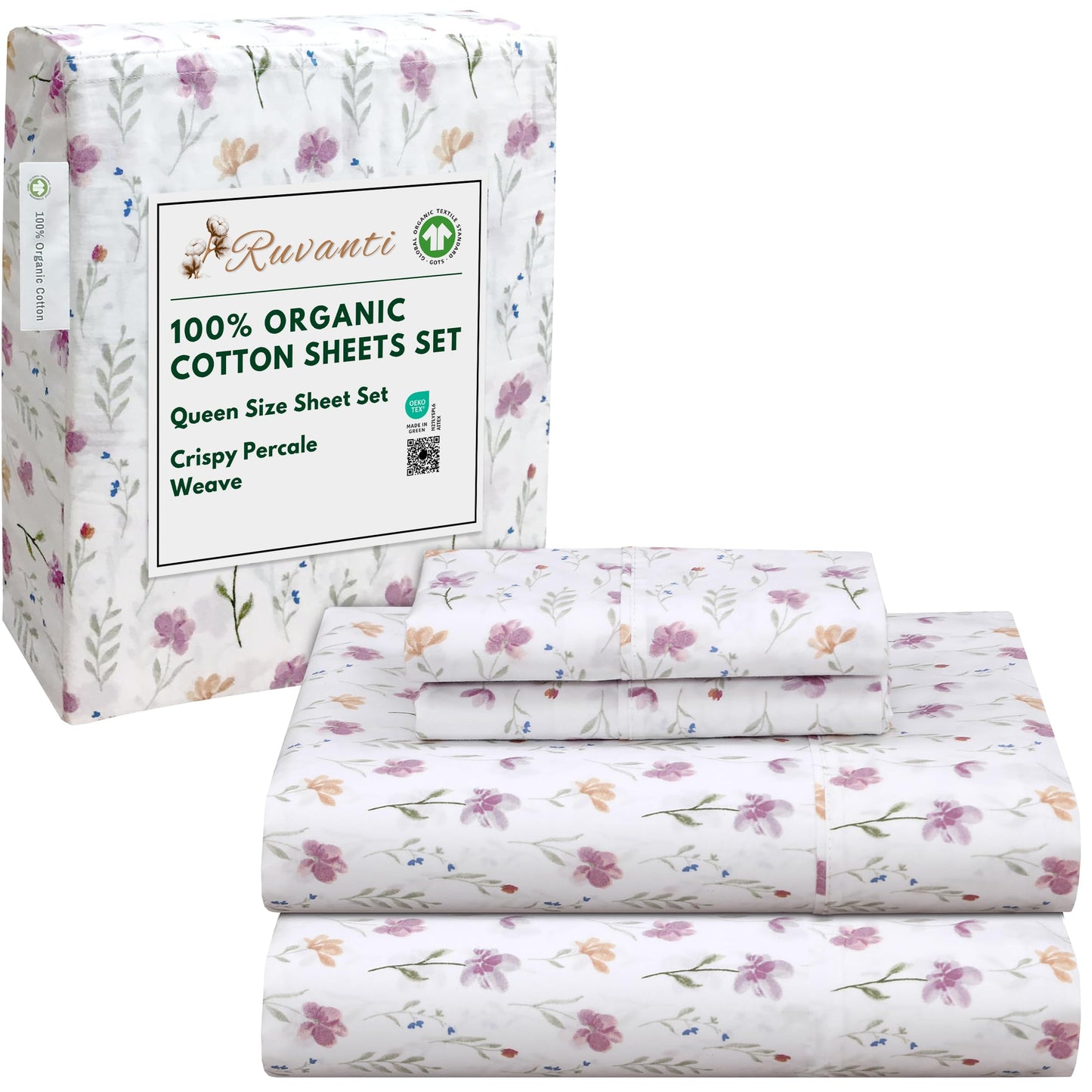 RUVANTI 100% Cotton Organic Percale Sheets Queen Size – Crisp Cooling Bed Sheets for Hot Sleepers, Deep Pocket 15”, Soft Peach Finish, Breathable & Durable Hotel-Style 4 Pcs, Obsessed Stems