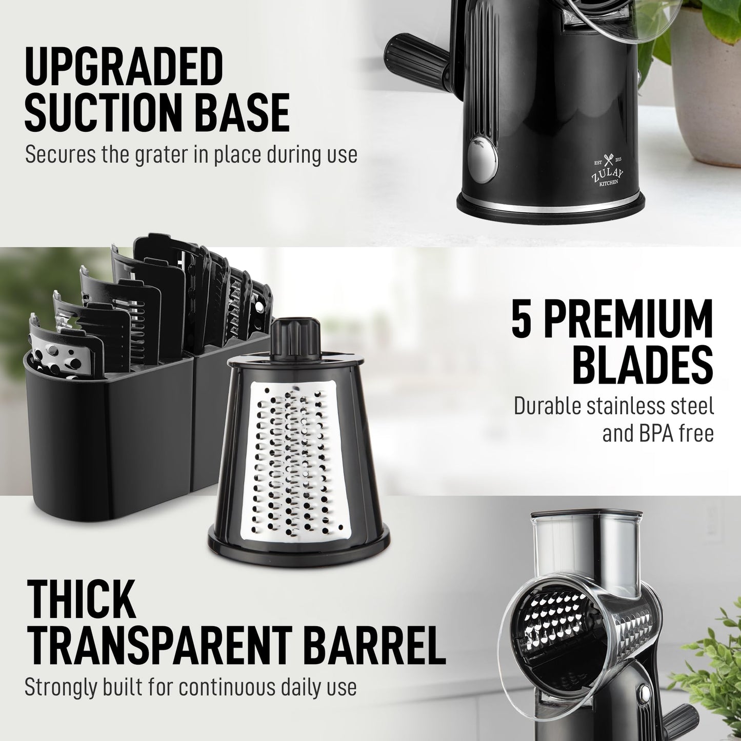 Zulay Kitchen Rotary Cheese Grater 5 Blade Cheese Shredder - Manual Hand Crank Cheese Grater With Reinforced Suction & 5 Interchangeable Drums - Easy to Use, Vegetable Chopper Round Mandoline Slicer