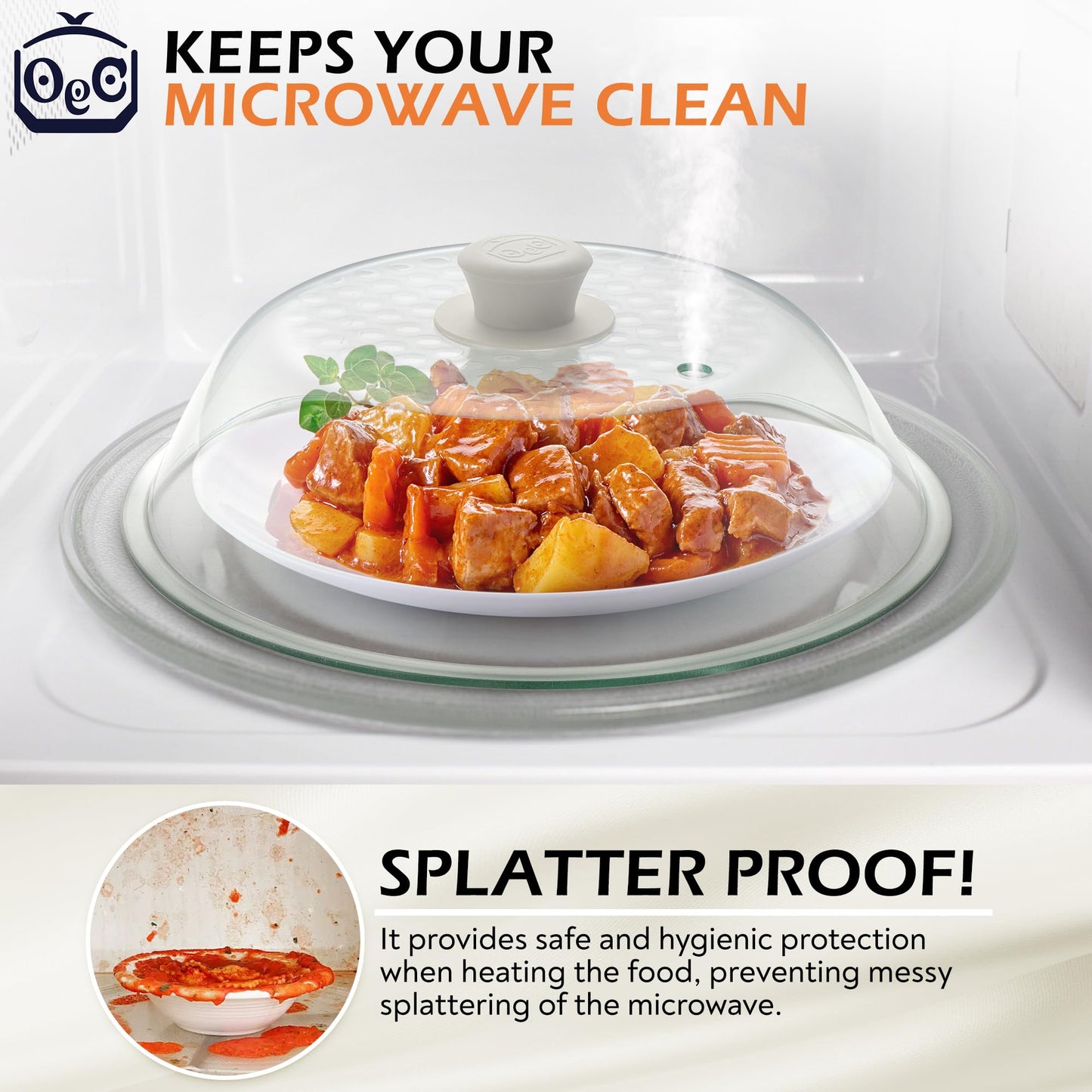 OEC Lighter Weight Tempered Glass Microwave Splatter Cover - 12.5 inch (Inner Diameter 11.4”) - Heat-Resistant - Durable Glass Lid with Vent, Silicone Knob, Dishwasher Safe, 100% Food Grade - BPA Free