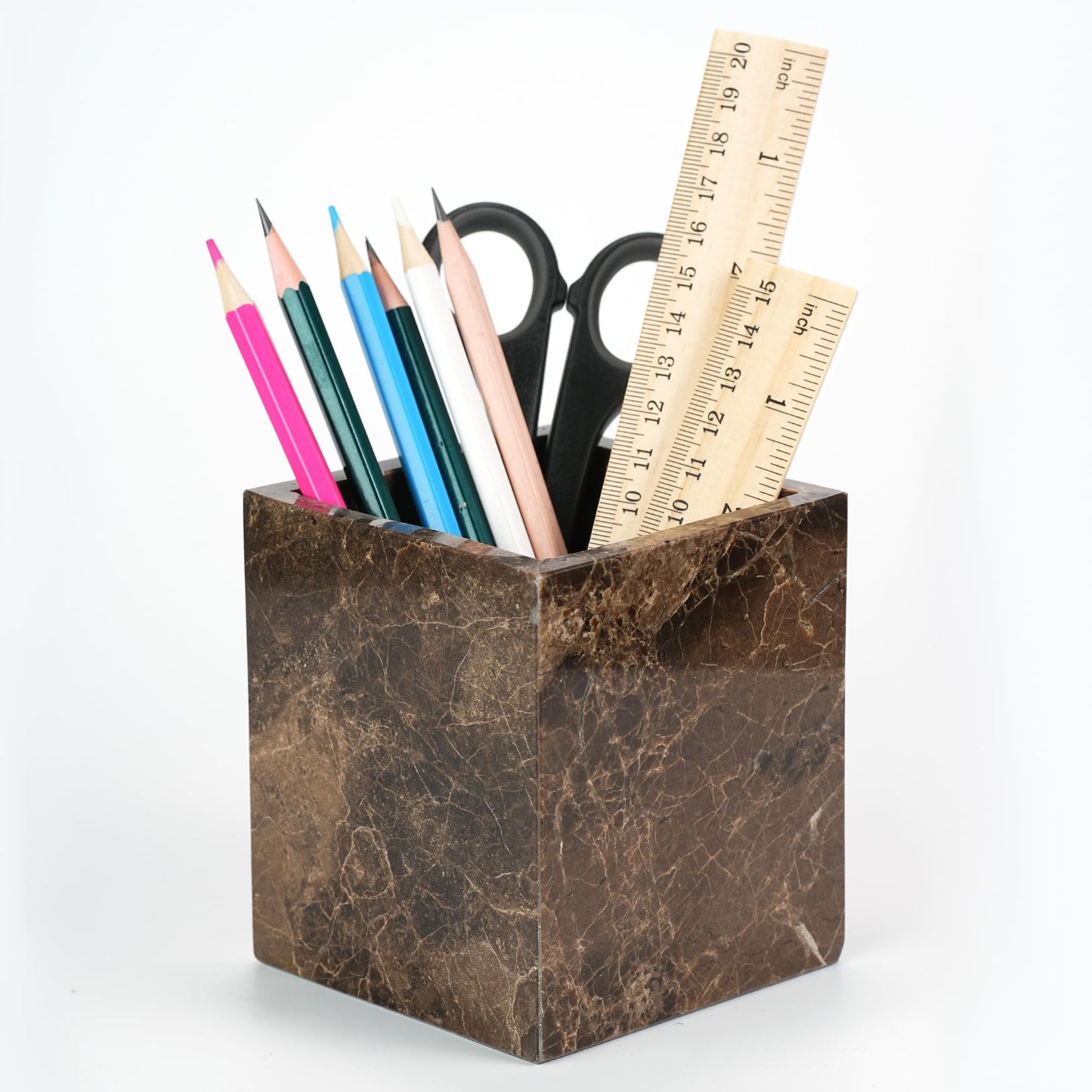 LWALMS Marble Makeup Brush Holder - Brown Candle Toothbrush Cup for Bathroom Accessories, Decorative Pencil Organizer for Office Desk Aesthetic, Stone Utensil Container for Kitchen Countertop