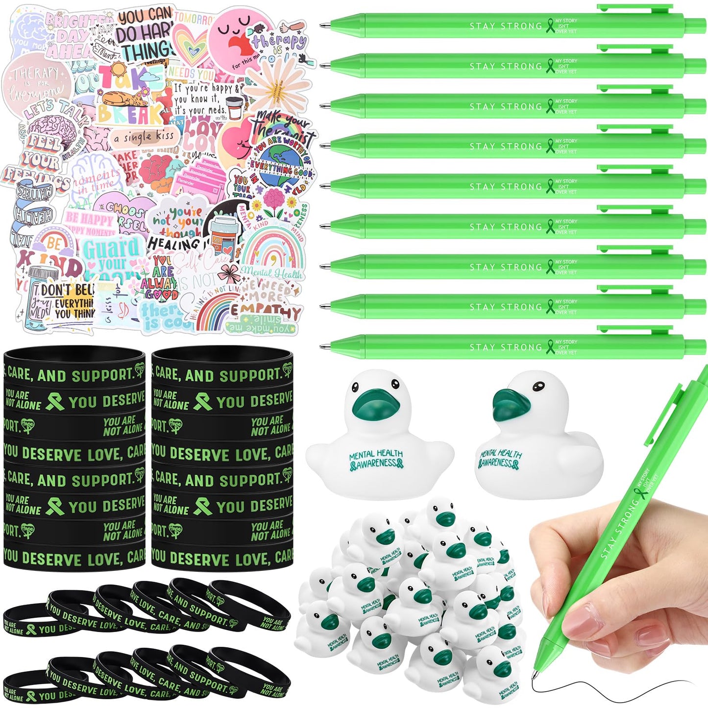 Fuyoooo 415 Pcs Mental Health Awareness Items Gifts Bulk Green Ribbon Bracelets Pens Rubber Ducks with Inspirational Stickers for Mental Health Awareness Suicide Prevention Charity Giveaways