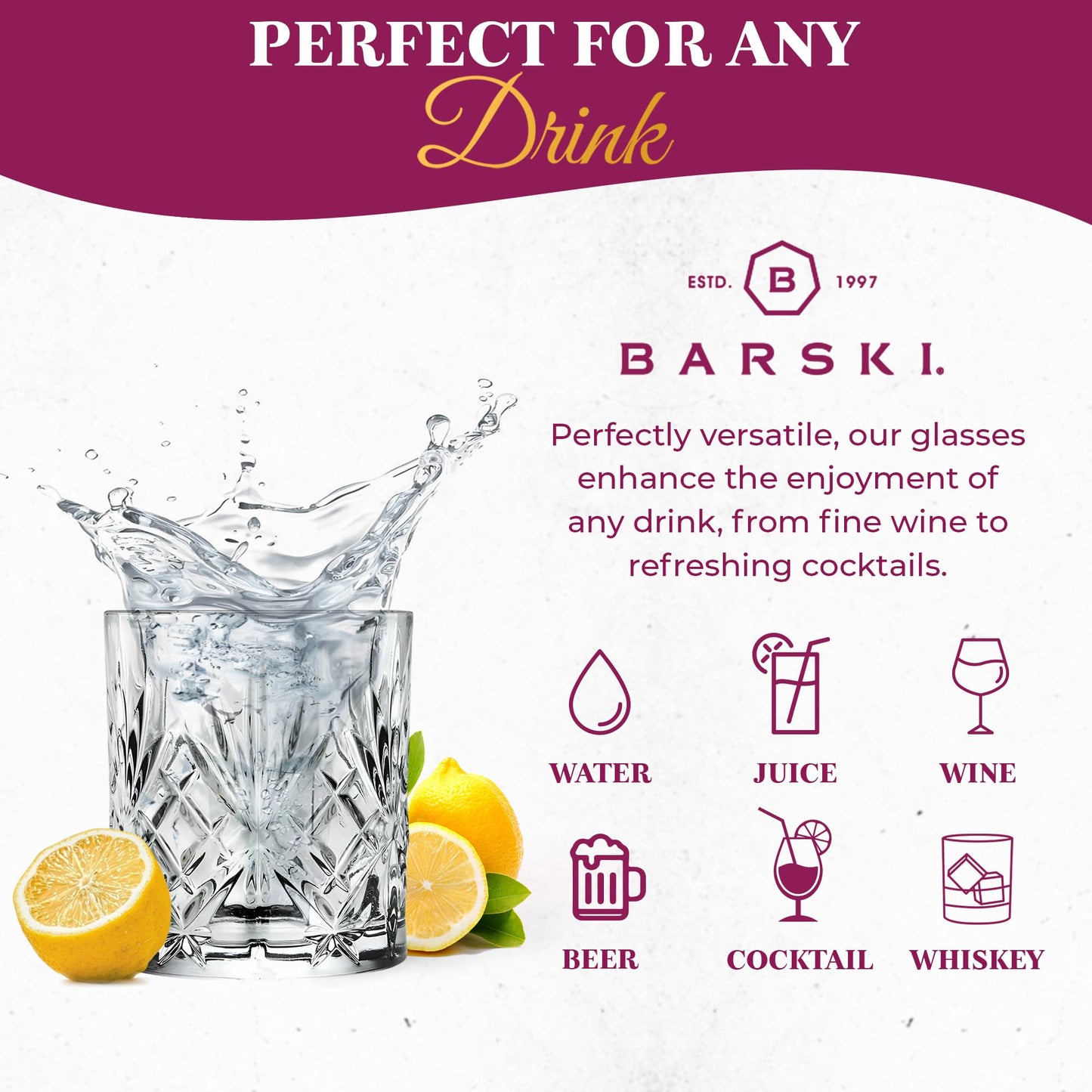 Barski Whiskey Glasses - Double Old Fashioned Rocks Glass - Set of 4 Lowball Tumbler - DOF Crystal Glass Tumblers - For Scotch - Bourbon - Water - Beverage - Drinking Glasses - 10.5 oz, Made in Europe