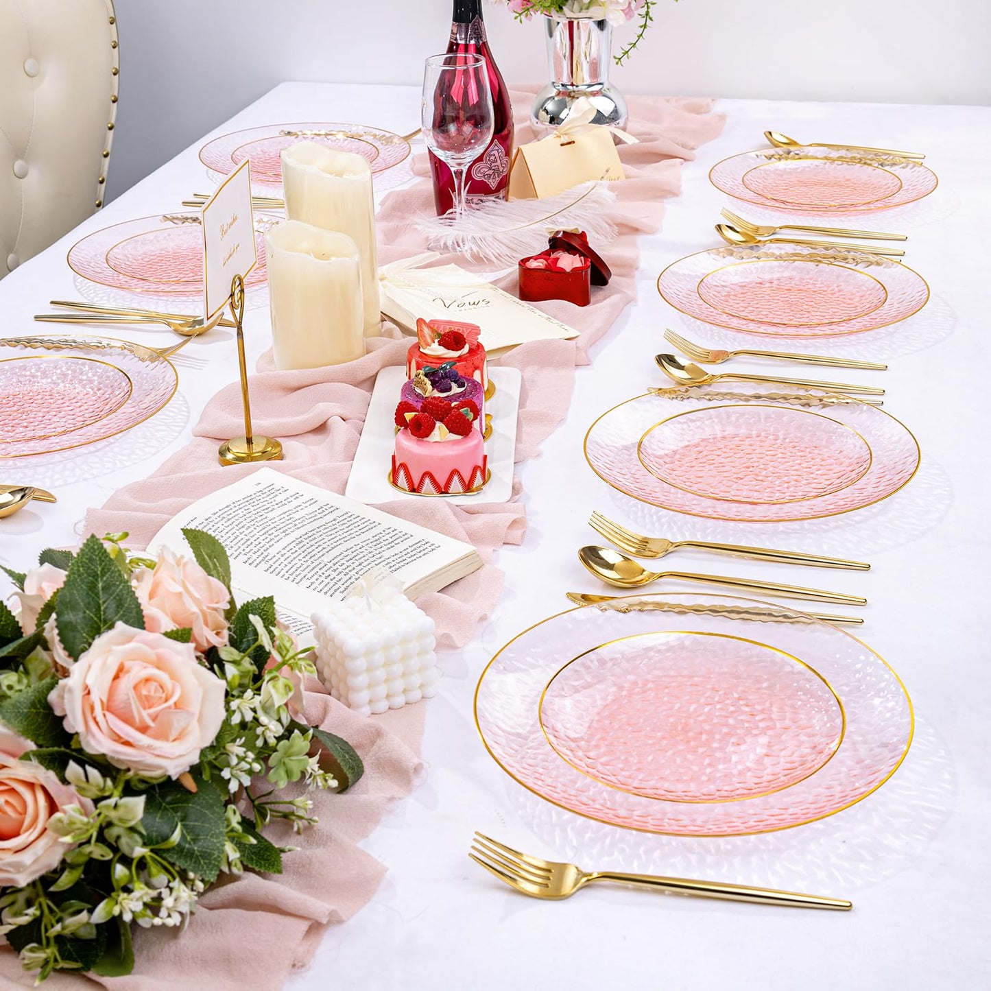 Rubtlamp 100Pcs Clear Pink Gold Plastic Plates, Pink Disposable Plates With Gold Rim, Hammered Plastic Plates Include 50 Clear Dessert Platos, 50 Dinner Platos for Party
