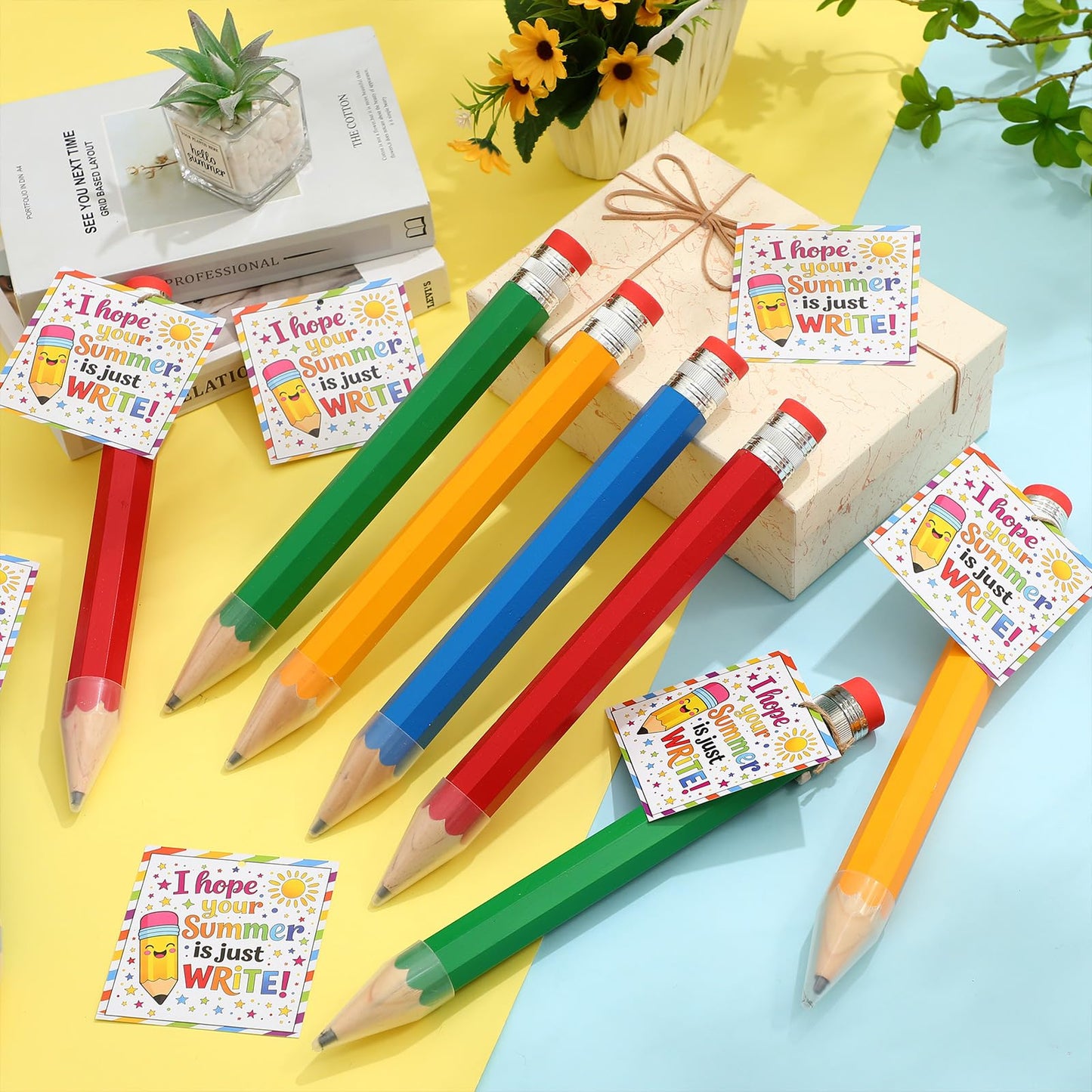 Humyoun 24 Sets End of the Year Student Gifts 13 Inch Big Wooden Jumbo Pencils Set of Giant Pencil Prop with Summer Greeting Card Large Pencils with Cap Preschool Kindergarten Graduation Gift