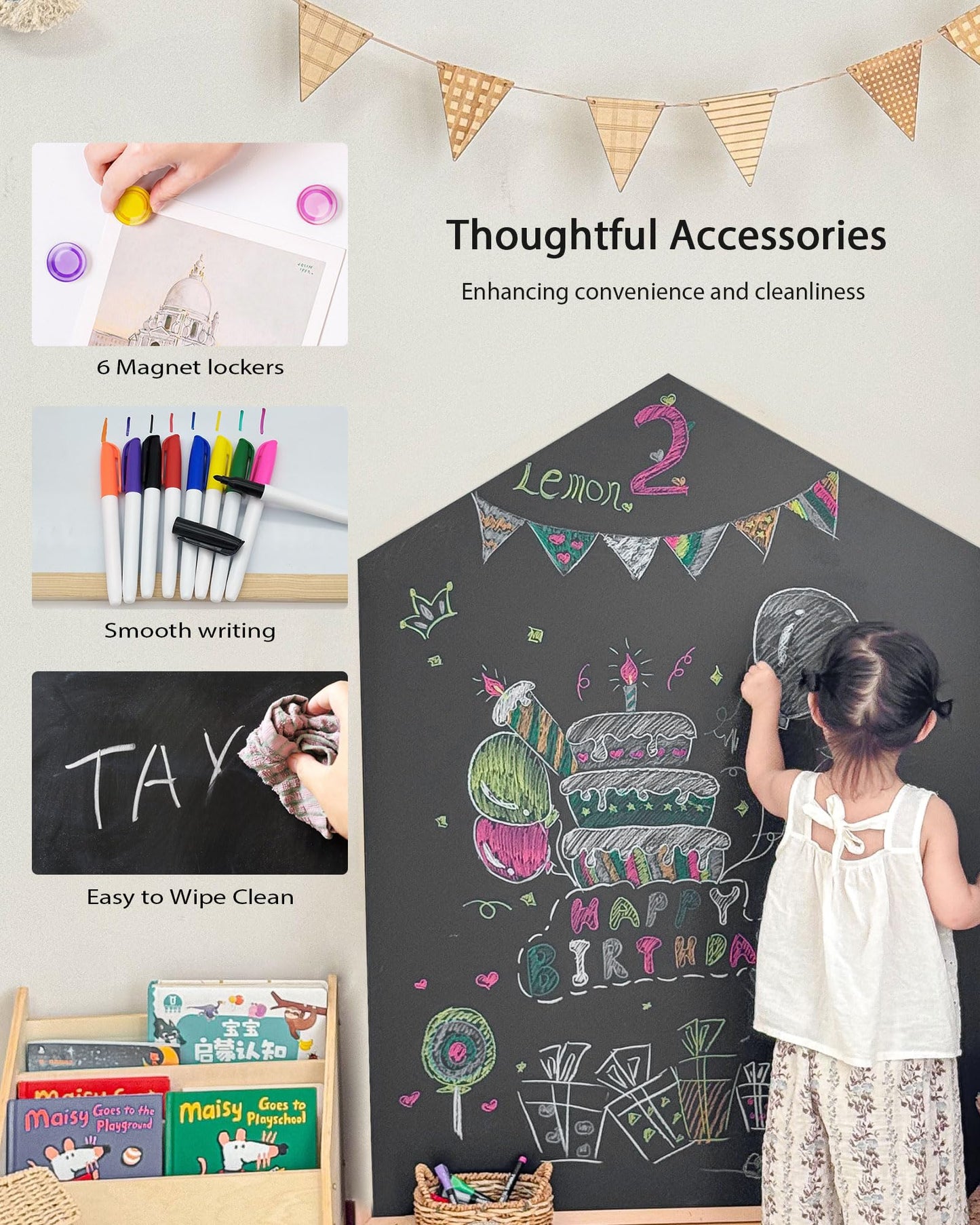 Magnetic Wall Decal for Kids, Magnetic Chalkboard Contact Paper for Wall, Playroom Essentials, Includes Dustless Chalks, Chalk Holder, Wipe Cloth, Stickers (Grey House, 34.6" x 58.3")
