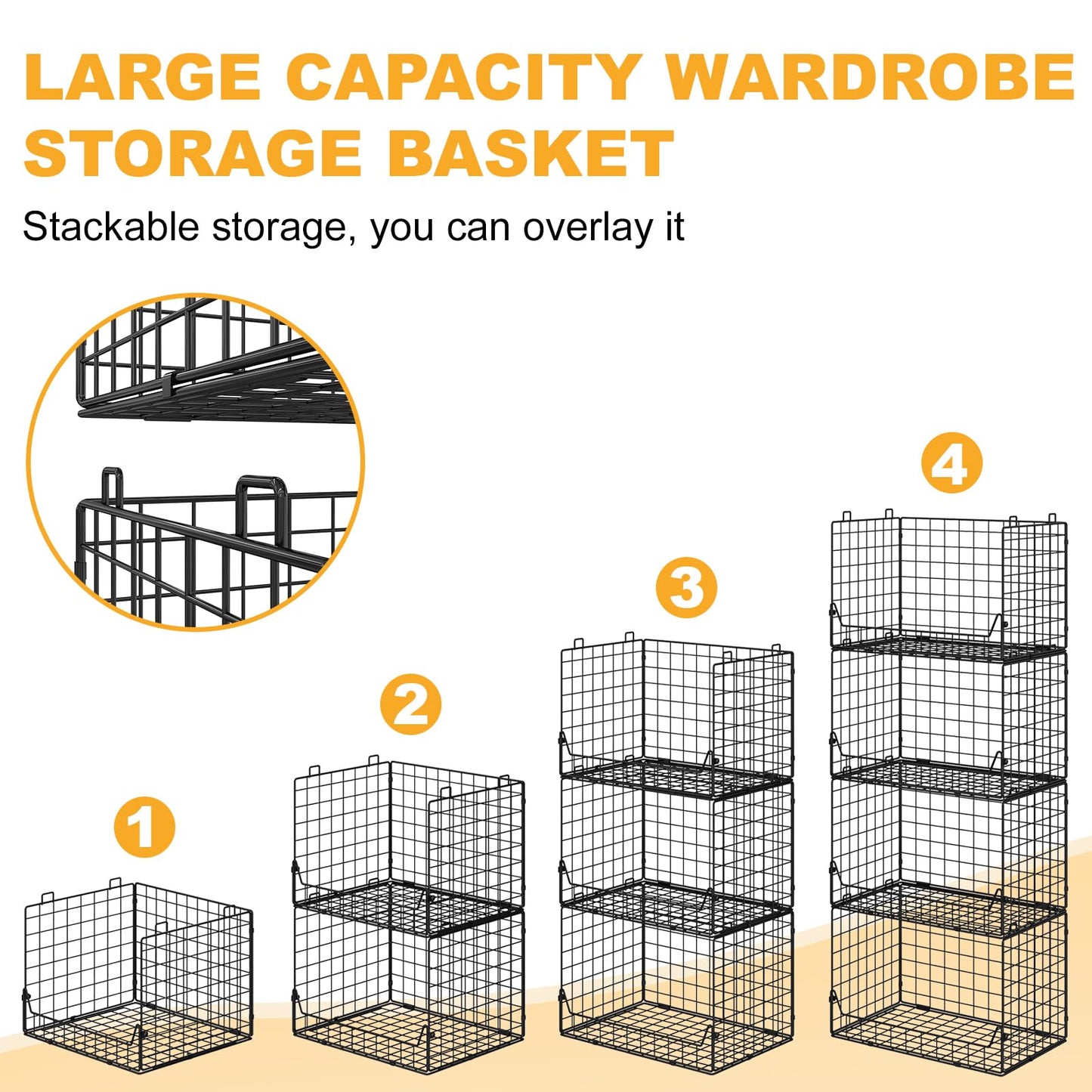 Jakyitvi 4-Tier Extra Height Stackable Closet Organizer – Foldable Storage Bins for Sweaters, Jeans, and Clothes – Sturdy Iron Mesh Shelves for Neat and Efficient Closet Storage – Black