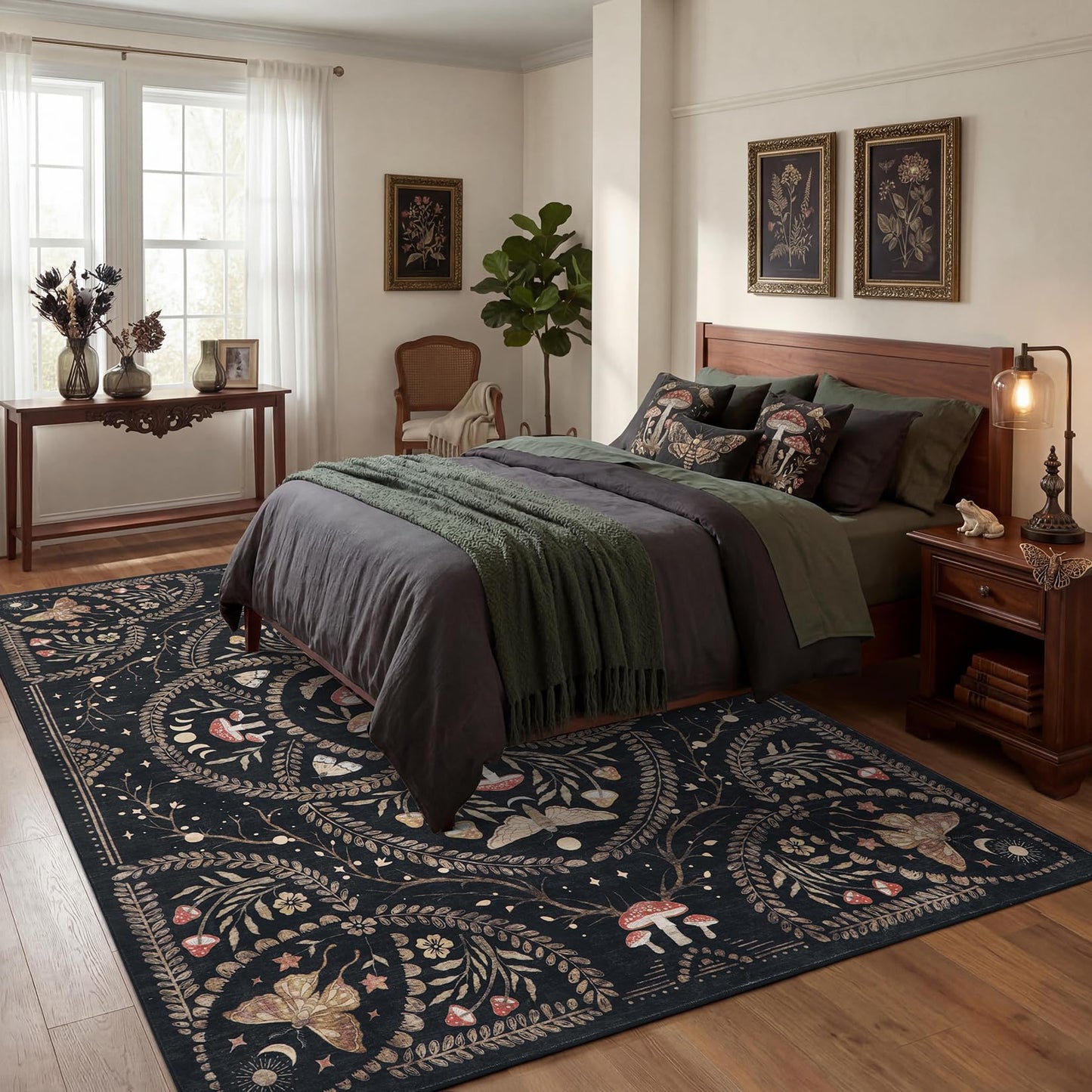 Garvee Mushroom 5x7 Area Rugs for Living Room, Dark Academia Gothic Rug, Non Slip Animal Print Washable Rugs 5x7 Low Pile Bedroom Decor Bug Carpet with Rubber for Playroom Dining Room Office, Black