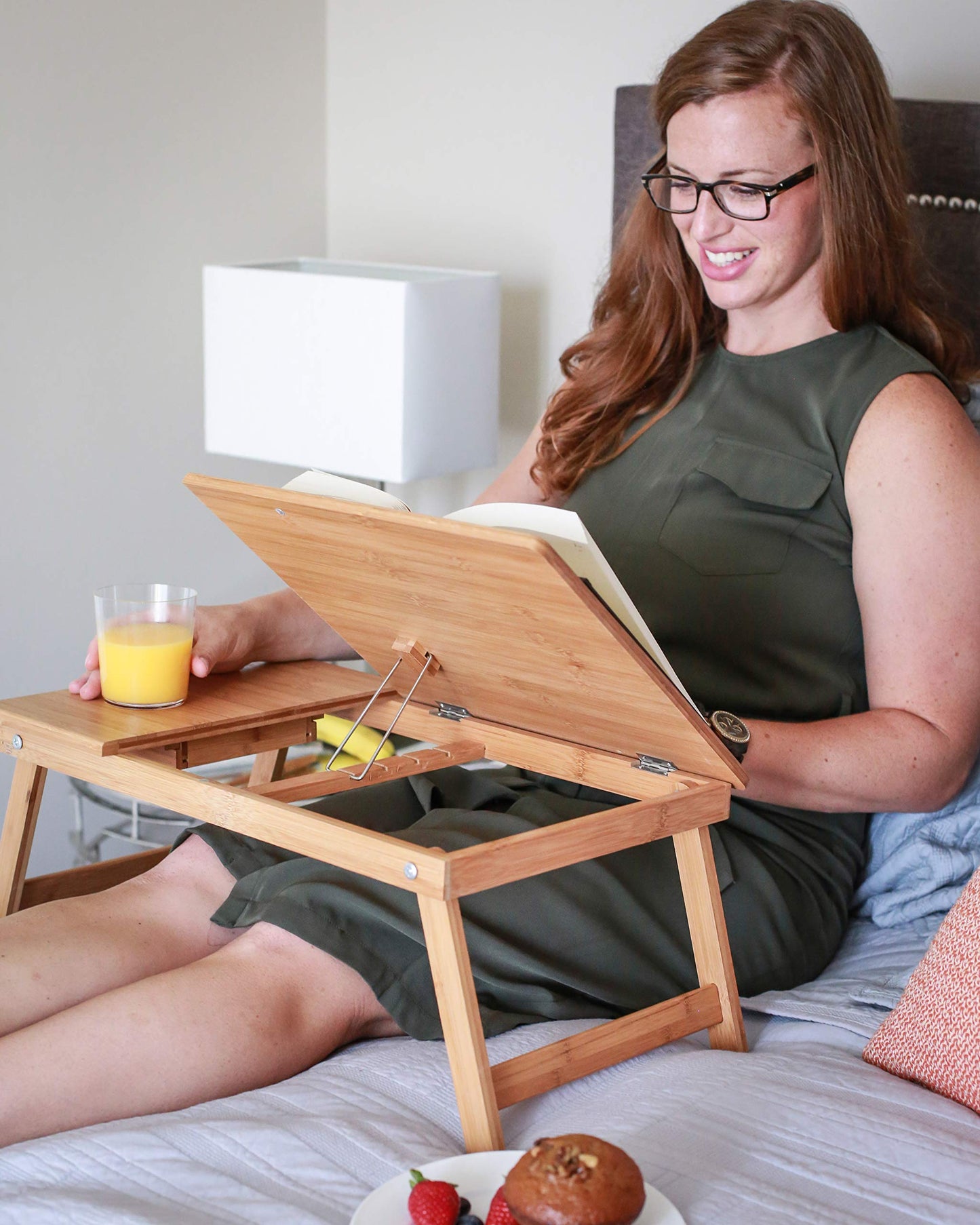 BirdRock Home Bamboo Laptop Bed Tray (Natural)| Multi-Position Adjustable Surface | Pull Down Legs | Storage Drawer