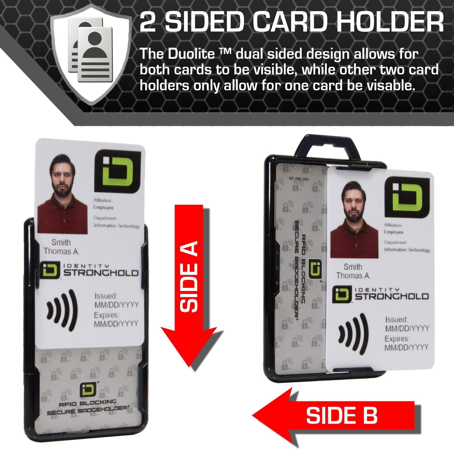 ID Stronghold - Pack of 5 - RFID Blocking Secure Badge Holder - Duolite 2 Card ID Holder - Poly Carbonate - Heavy Duty Plastic ID Badge Holder - USA Molded and Assembled - FIPS 201 Approved