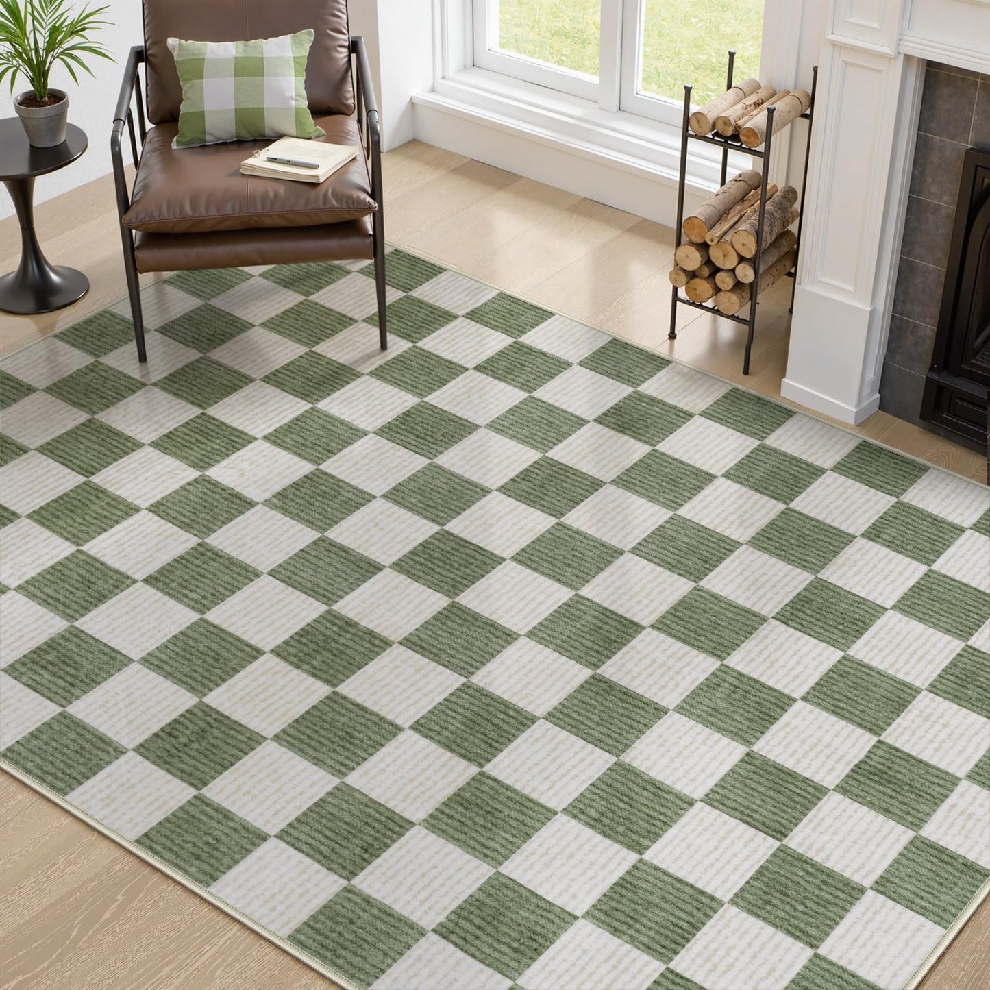 Machine Washable 5x7 Area Rugs for Living Room Checkered, Non Slip Soft Low Pile Farmhouse Geometric Modern Neutral Playroom Boys Rugs for Bedroom, Large Carpet Rugs for Dining Room(Sage Green,5'x7')