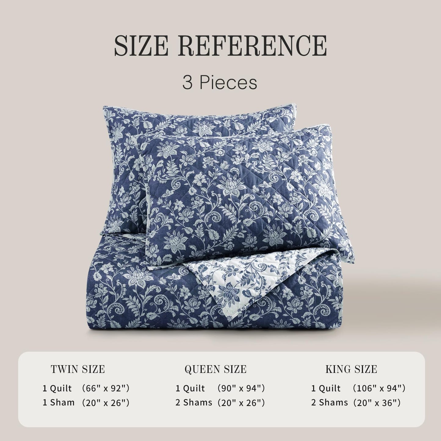 BLOOMHAVEN Quilt Set Queen Size, Oxford Blue Floral Quilt Sets, Reversible Bedspread Lightweight and Breathable for All Seasons, Soft Quilted Bedspread with 2 Pillow Shams