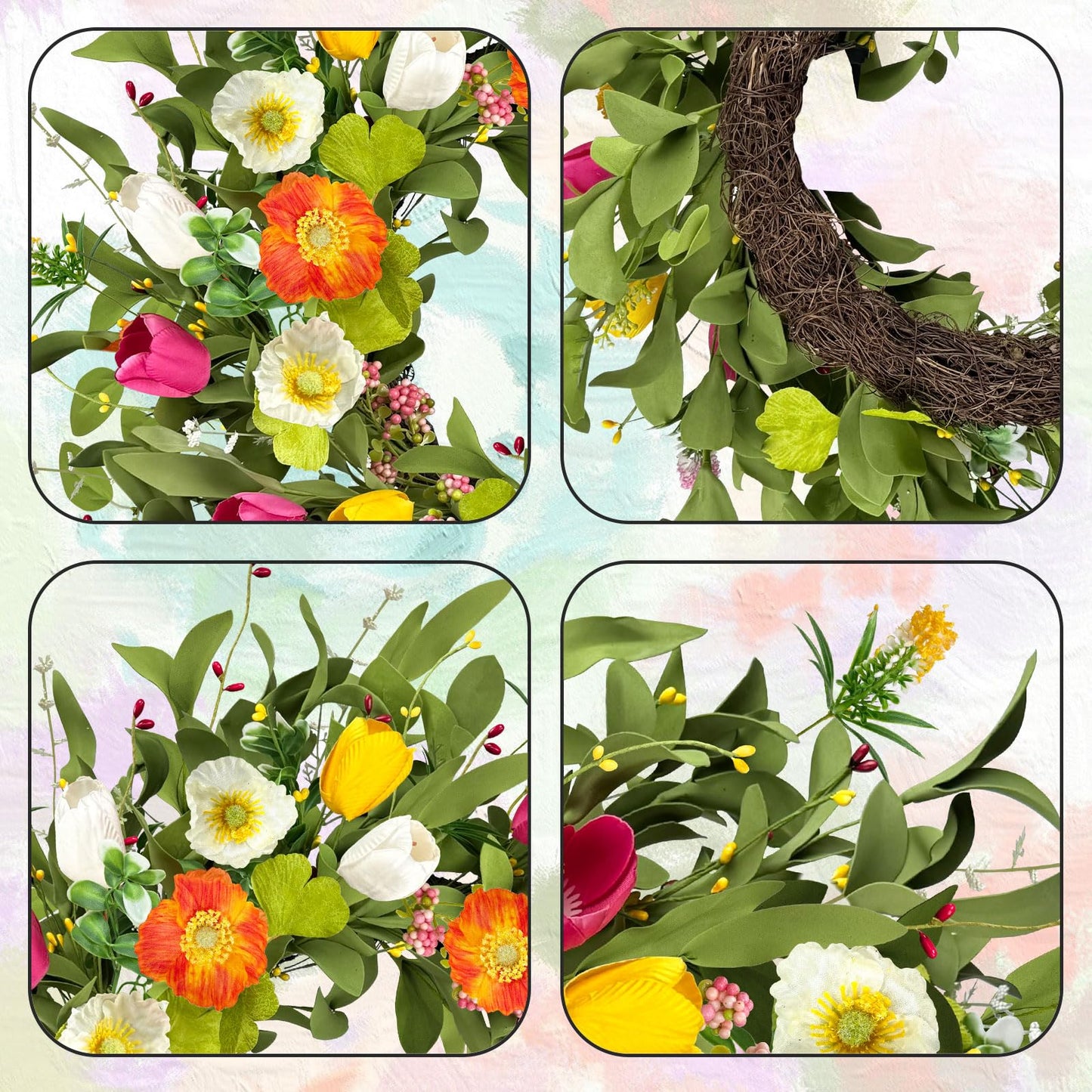 ICX 22" Spring Summe Wreaths for Front Door, Artificial Tulip Wreath with Orchids Green Foliage, All Season Farmhouse Window Wall Wedding Decor, Housewarming Gift