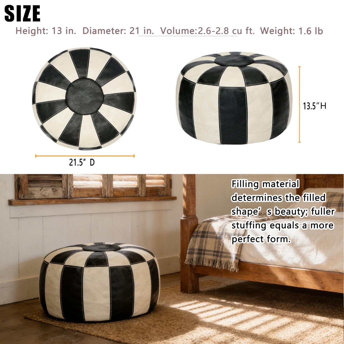 Thgonwid Unstuffed Moroccan Ottoman Pouf Cover, Ottoman Footstool Storage Solution, Bean Bag Chair, Foot Rest, Multi-Black&White